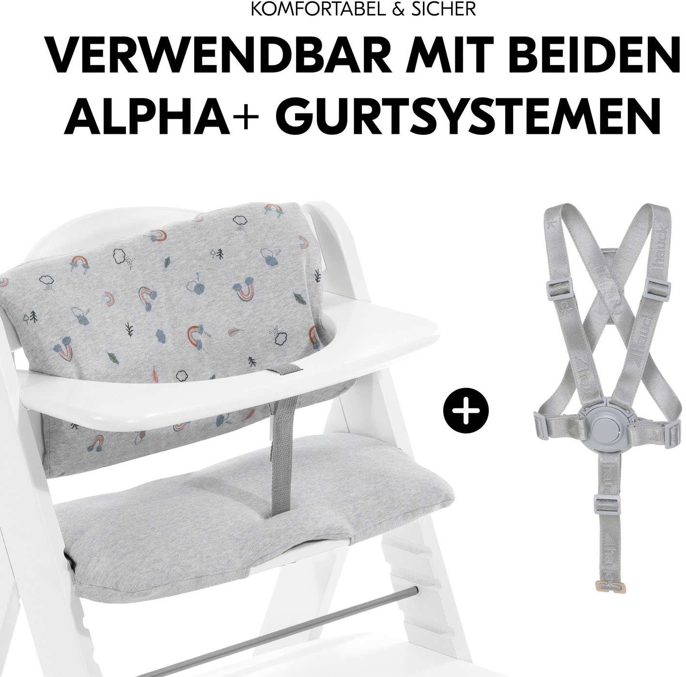 Hauck Hochstuhl »Alpha+, weiss + Sitzauflage Rainbow«, (Set), 3 St.