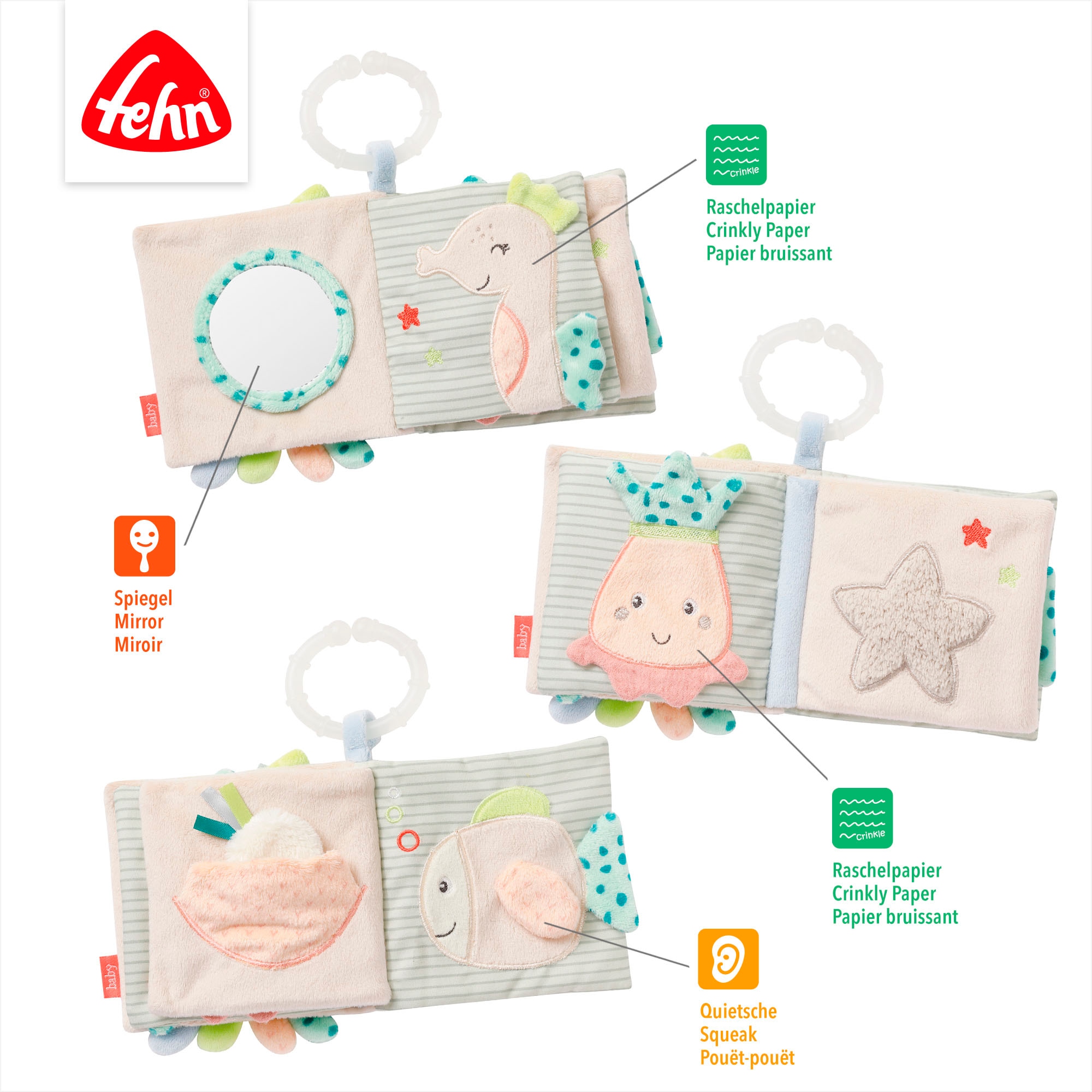 Fehn Greifspielzeug »Meereskinder, Stoffbuch Oktopus«, mit Ring zur Befestigung an Kinderwagen, Babyschale oder Bett
