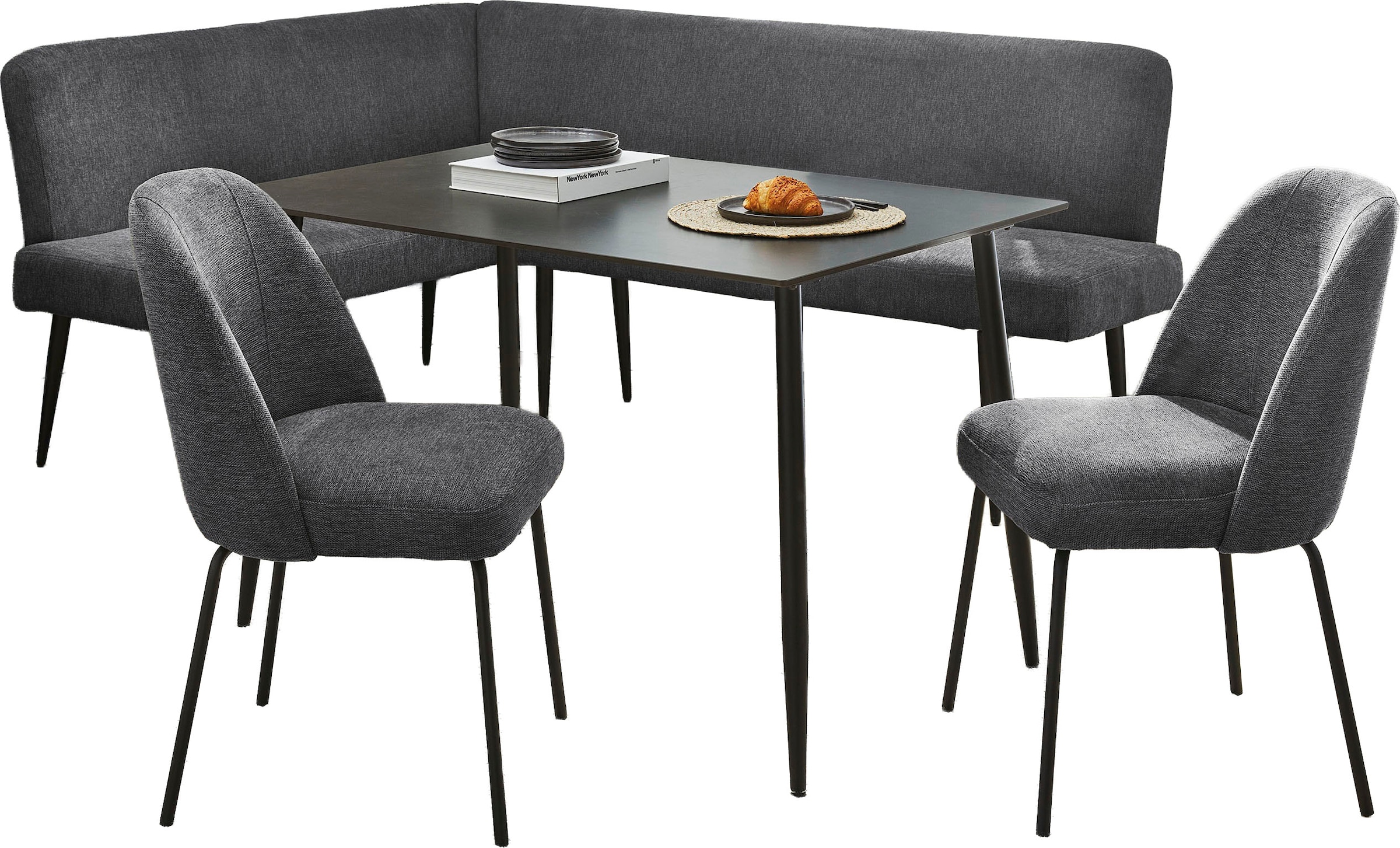 Jockenhöfer Gruppe Ensemble de bancs d'angle »Melvin (Set, 4-tlg. Tisch, Bank und 2 Stühle), Taschenfederkern« Ensemble,  Table (120x75cm) noire, banc et chaises anthracite ou beige
