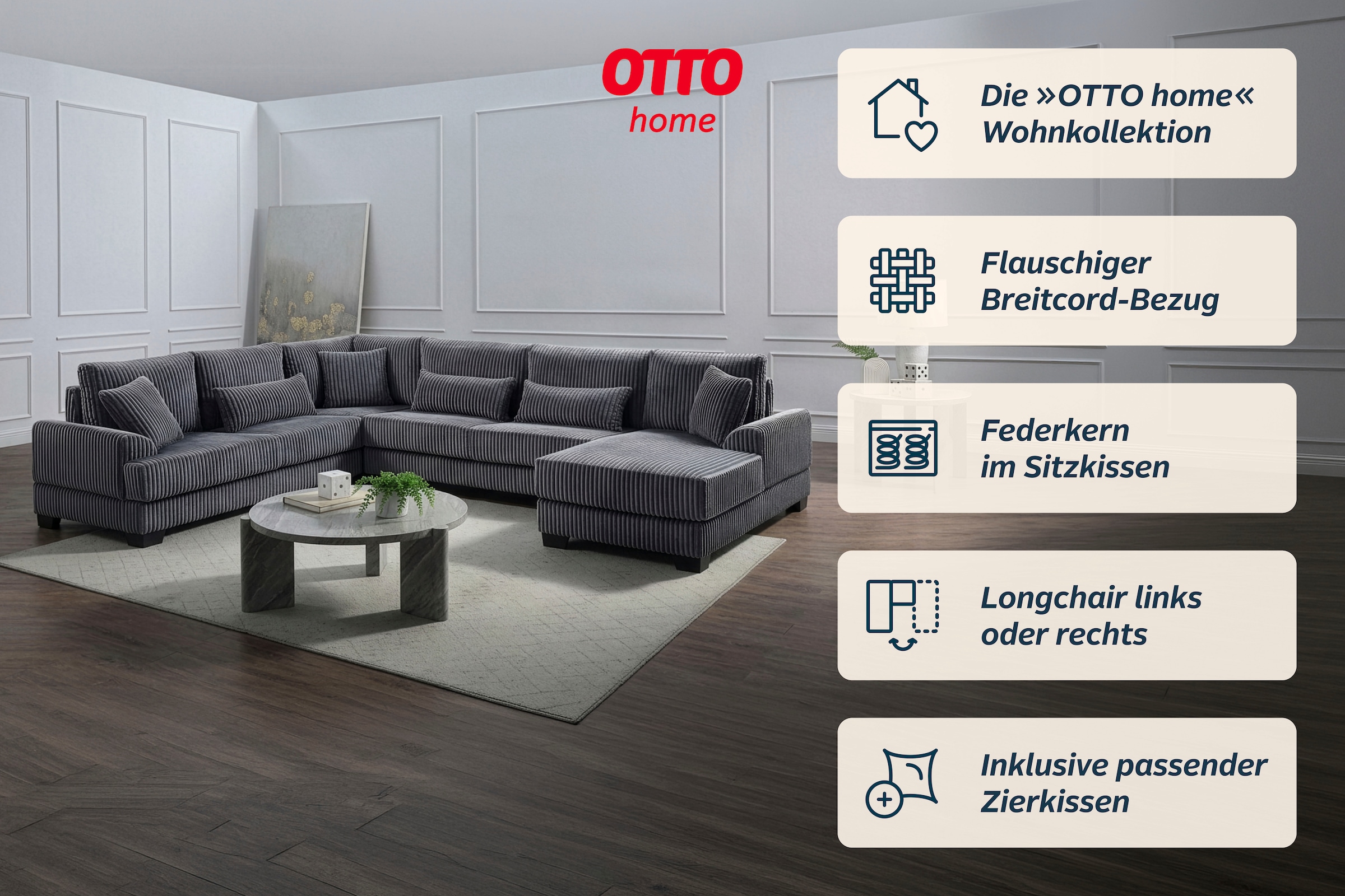GOODproduct Paysage de salon »Miron U-Form, B: 332 cm, weicher XXL-Cordbezug« Canapé avec ressorts, 6 coussins décoratifs, dossier recouvert de tissu véritable
