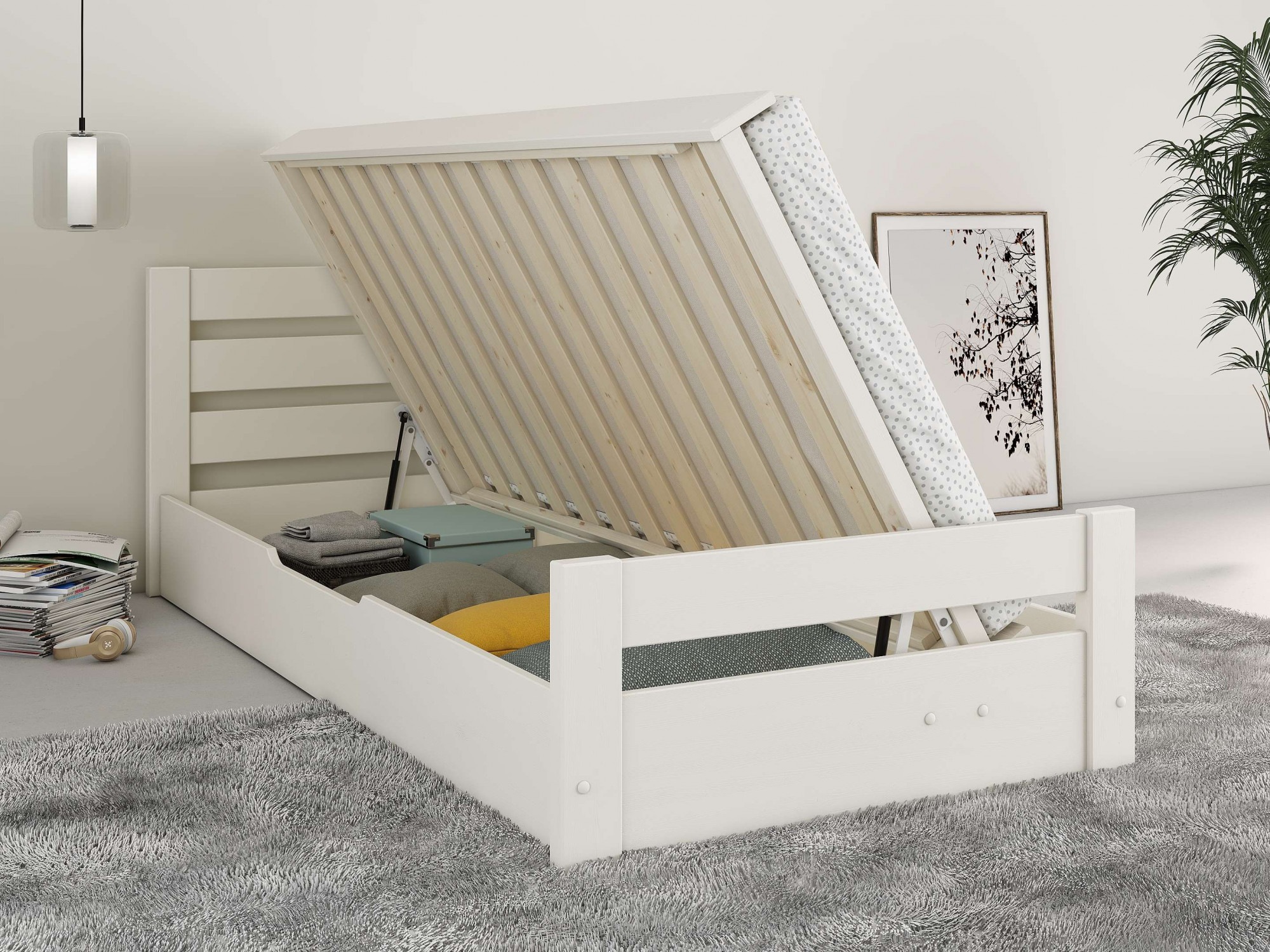 Image of GOODproduct Massivholzbett ""GODJE " zertifiziertes Massivholz (Kiefer)" Bettkasten beidseitig montierbar (rechts oder links zu öffnen), seitlich aufklappbarer Bettkasten mit viel Stauraum, skandinavisch