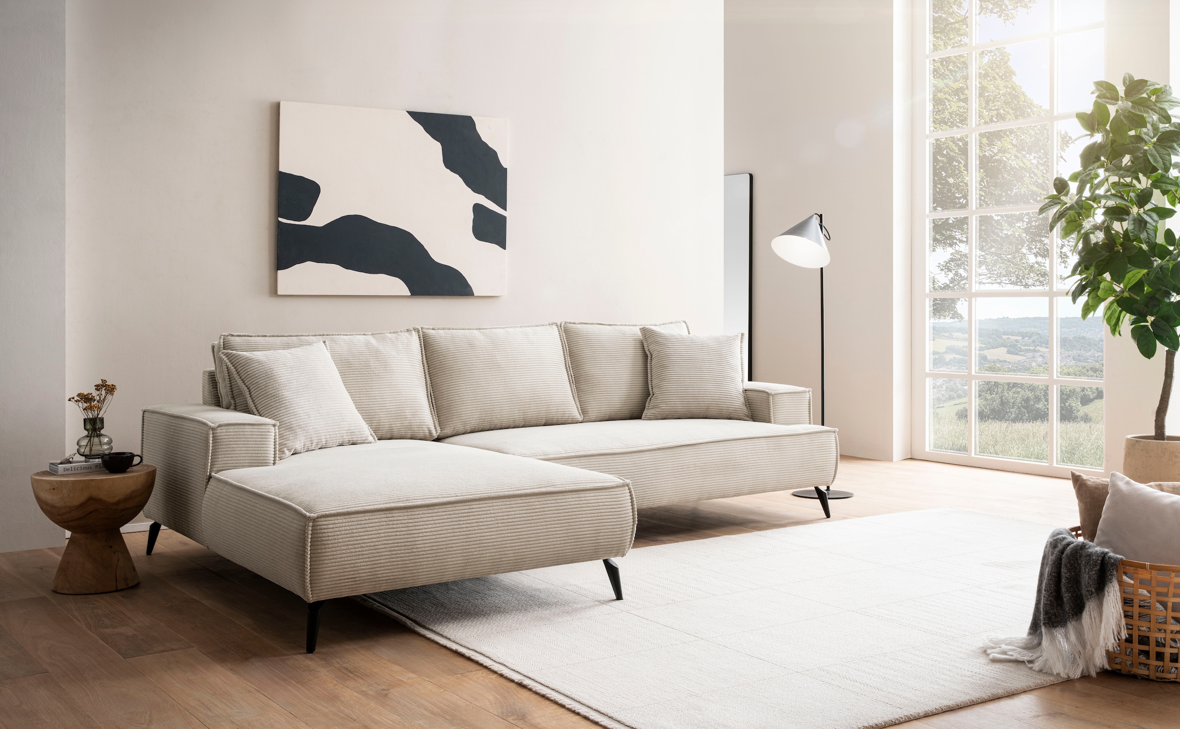 andas Ecksofa »TVINNU, L-Form, 275cm, in Cord und Flachgewebe«, wahlweise Recamiere rechts/links, schwarze Füsse, bequemer Sitzkomfort