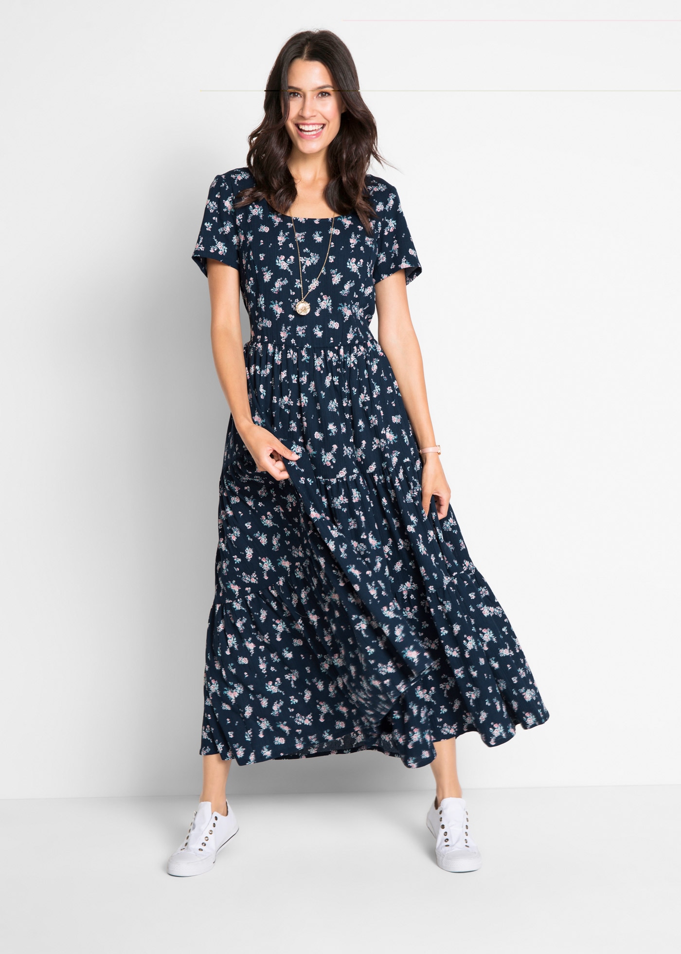 Image of bonprix Maxikleid aus reiner Baumwolle, Loose Fit, Kurzarm-Design, mit Allover-Muster