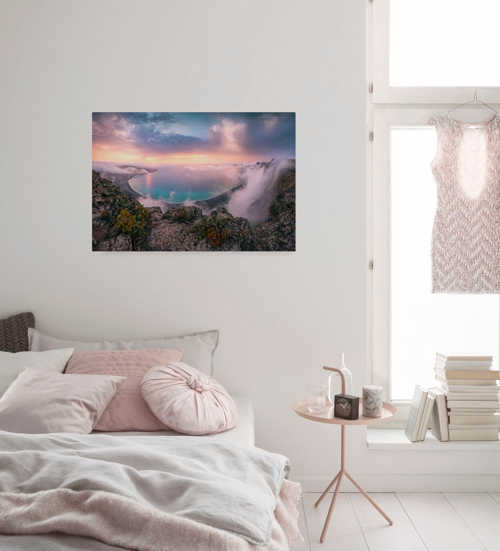 Image of Komar Leinwandbild "Coastal Paradise - Grösse 90 x 60 cm" Baum Berge Blumen Blätter Foto Jahreszeiten Landschaft Meer Natur Palmen Strand Packung, 1 Stk. tlg. Keilrahmenbild mi Echtholzrahmen