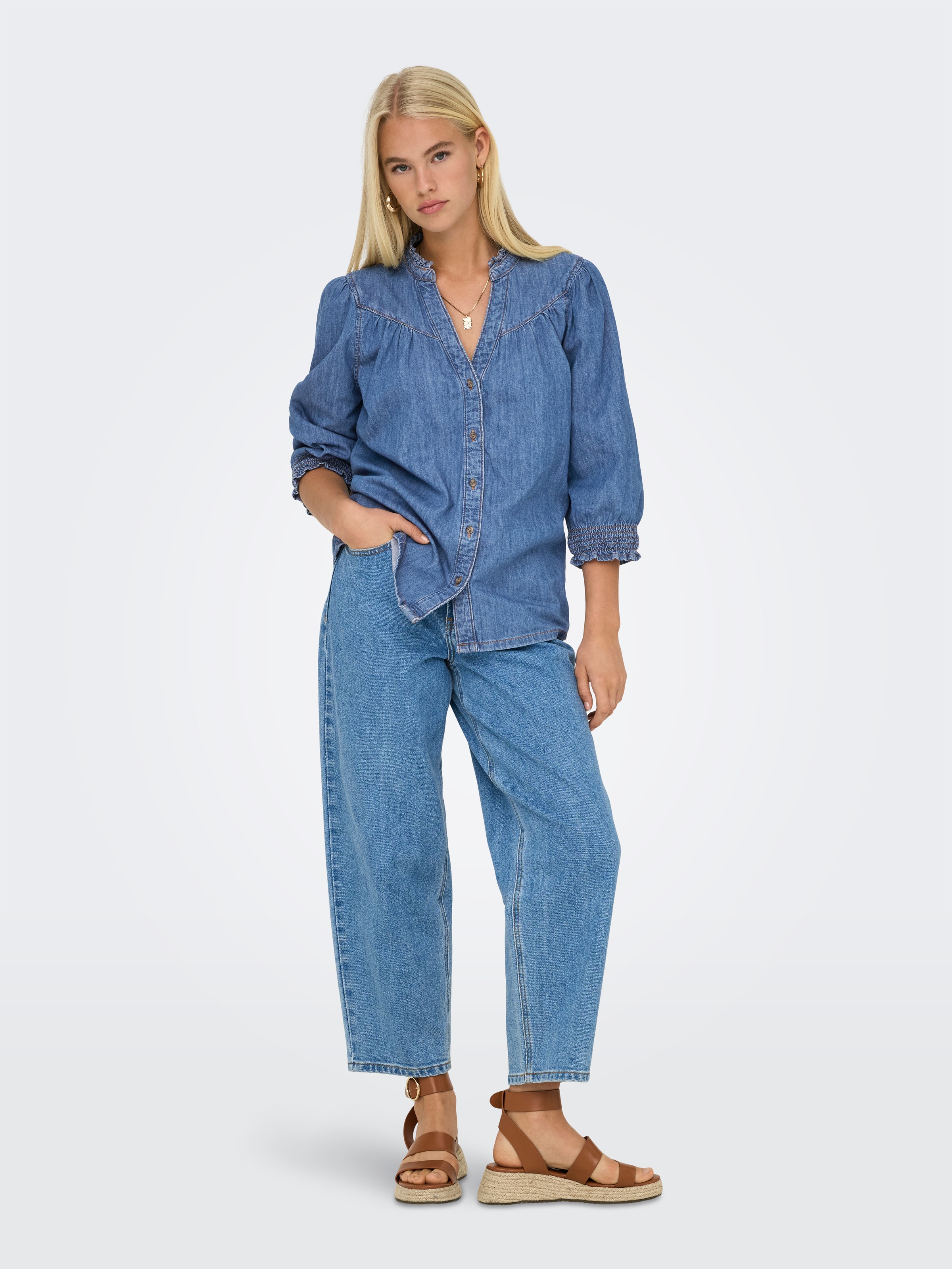 ONLY Blouse en jean »ONLRAYA 3/4 SHIRT DNM AKM NOOS« mit Rüschenkragen