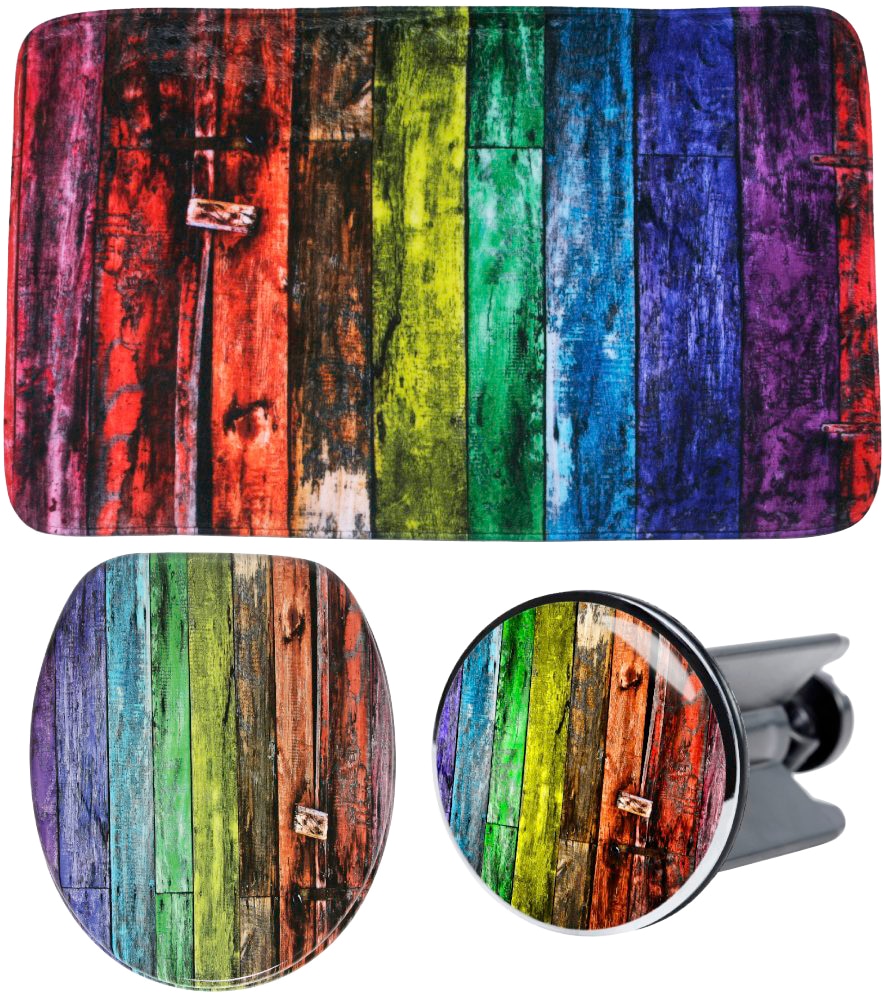 Image of Sanilo Badaccessoire-Set "Rainbow" bestehend aus WC-Sitz, Badteppich und Waschbeckenstöpsel