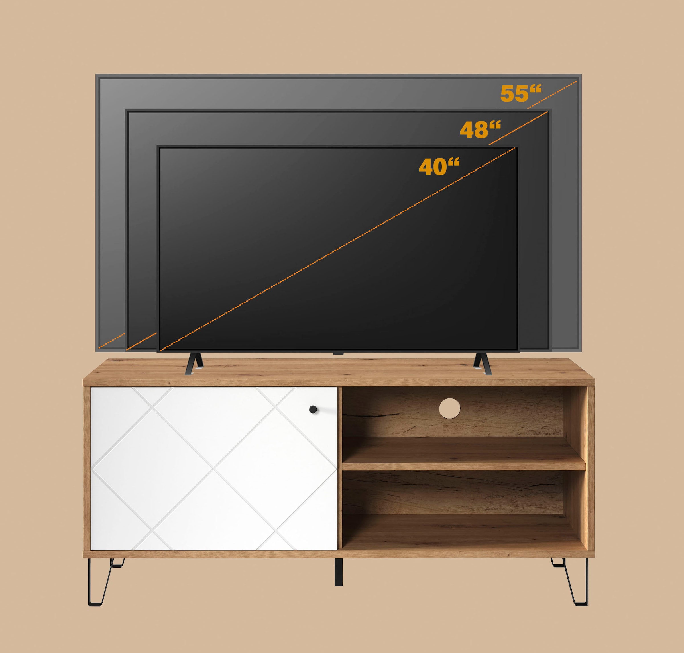 PLACES OF STYLE Lowboard »Tarragona TV-Kommode« TV-Unterteil mit 1 Tür & 2 Fächern - (B/T/H) 123/40/56 cm