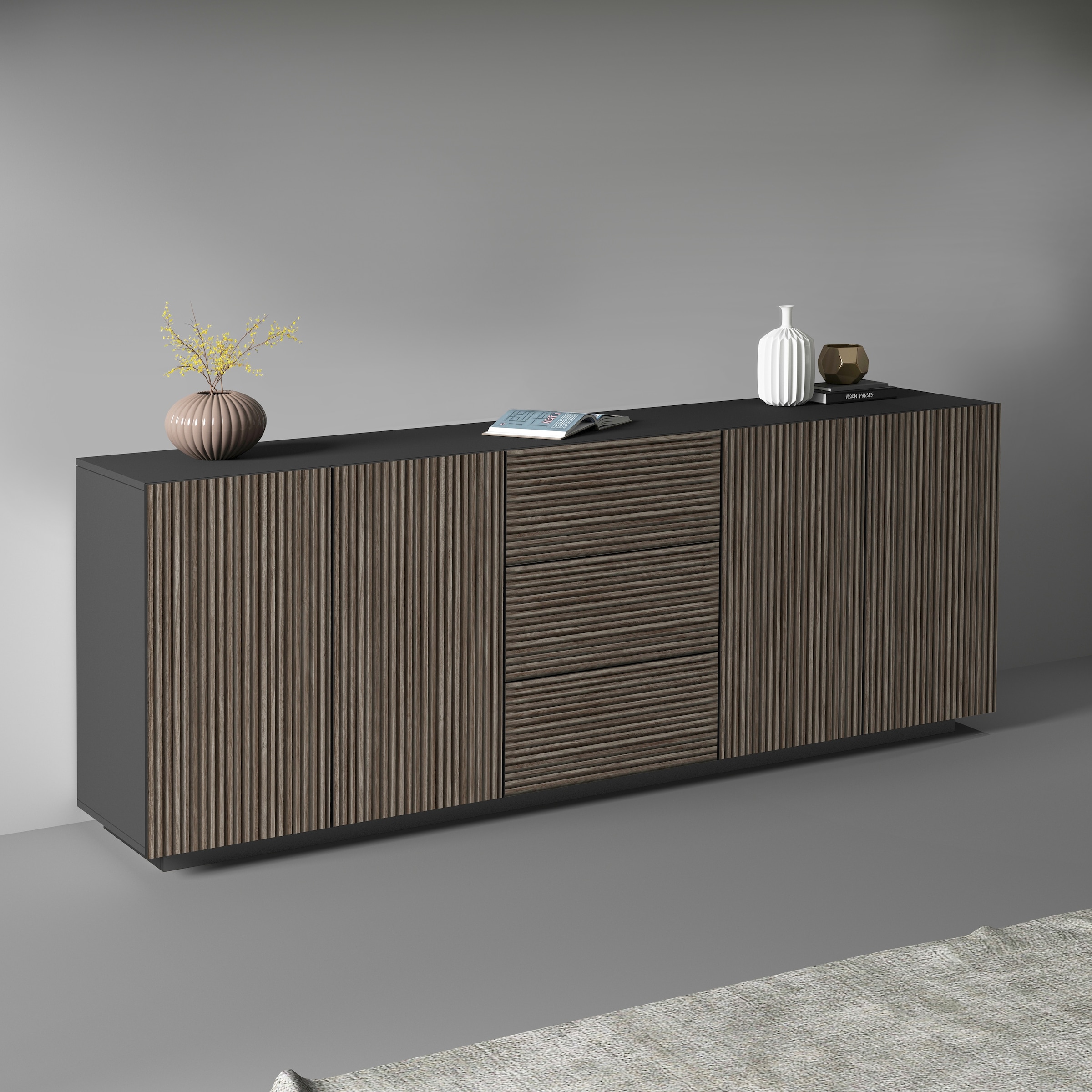Image of Home affaire Sideboard "Vega Sideboard,Kommode,220 cm" mit 4 Türen und 3 Schubladen,Fronten mit Rillen-Optik