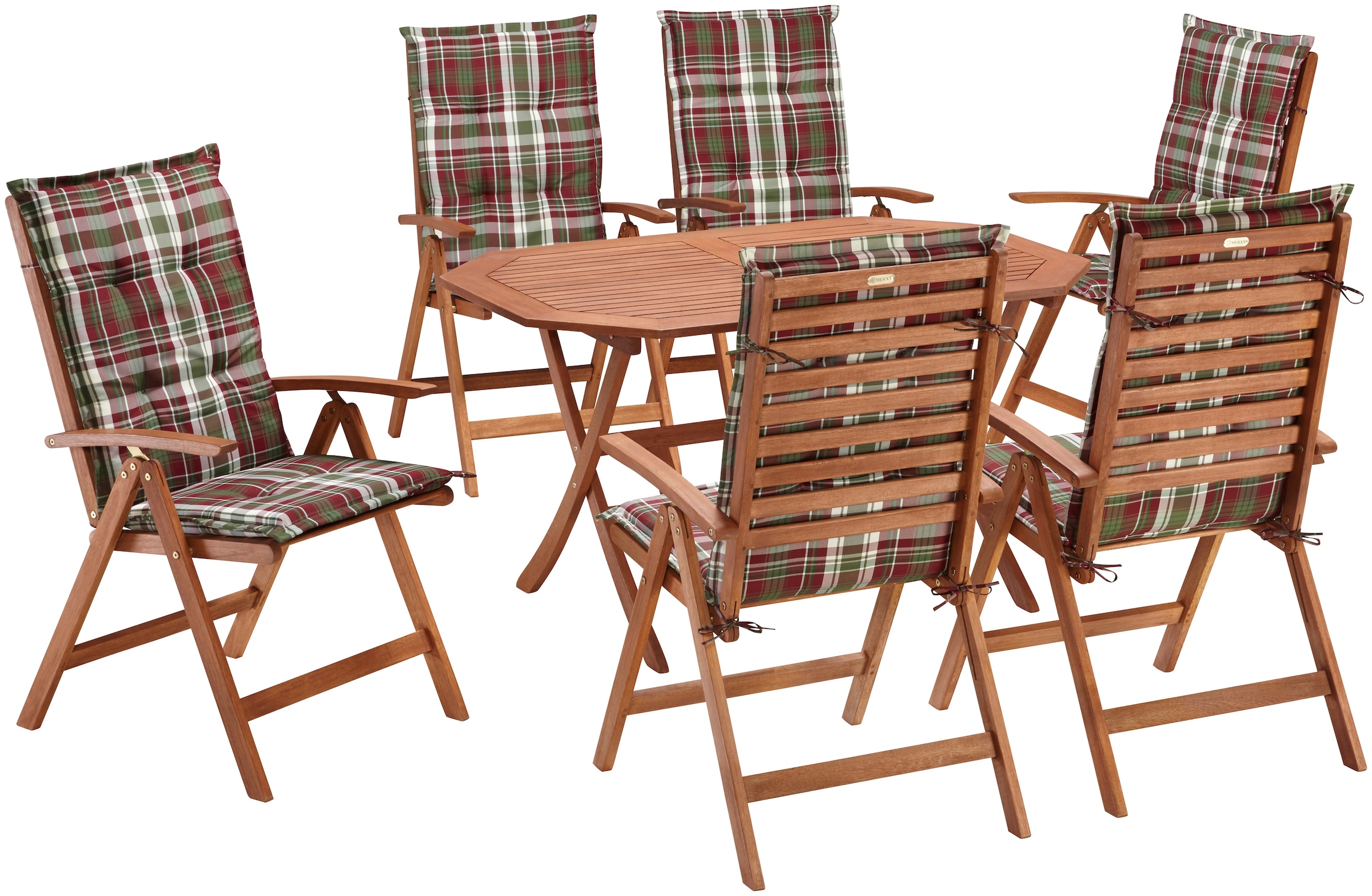 MERXX Garten-Essgruppe »Borkum, TOPSELLER!«, (13 tlg., 6x Sessel, inkl. Sitz- und Rückenkissen, 1x Klapptisch 135x85 cm), Eukalyptusholz, FSC® Mix, geeignet für 6 Personen