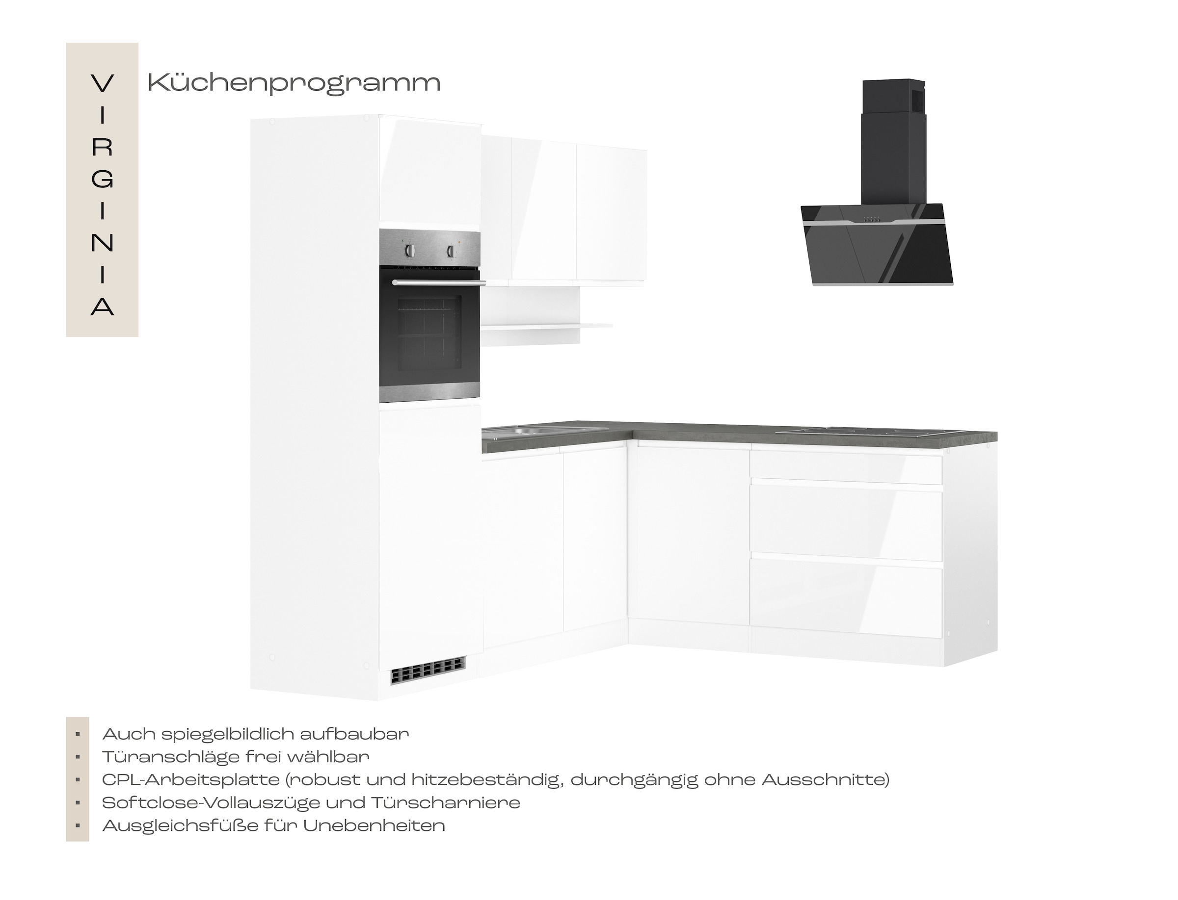 KOCHSTATION »KS-Virginia,neu in verbesserter Ausführung« plan de travail épaisseur 38 mm, rangement, fermeture douce,  largeur réglable 230/190 cm, soft-close, sans appareils électriques
