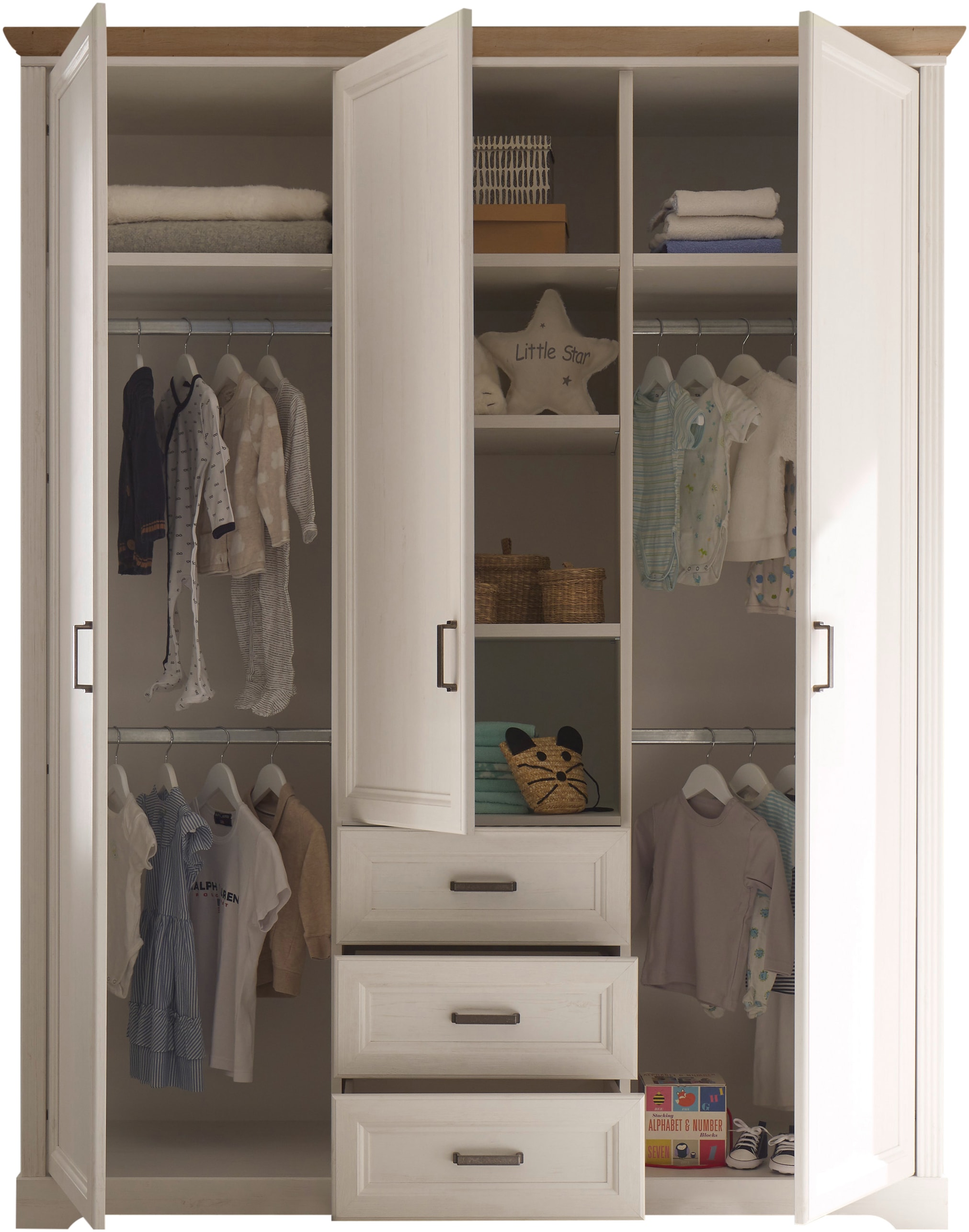 Begabino Drehtürenschrank »Jasmin Schrank, Kleiderschrank mit Drehtüren« im Landhausstil, Kranzleiste mit farblicher Absetzung