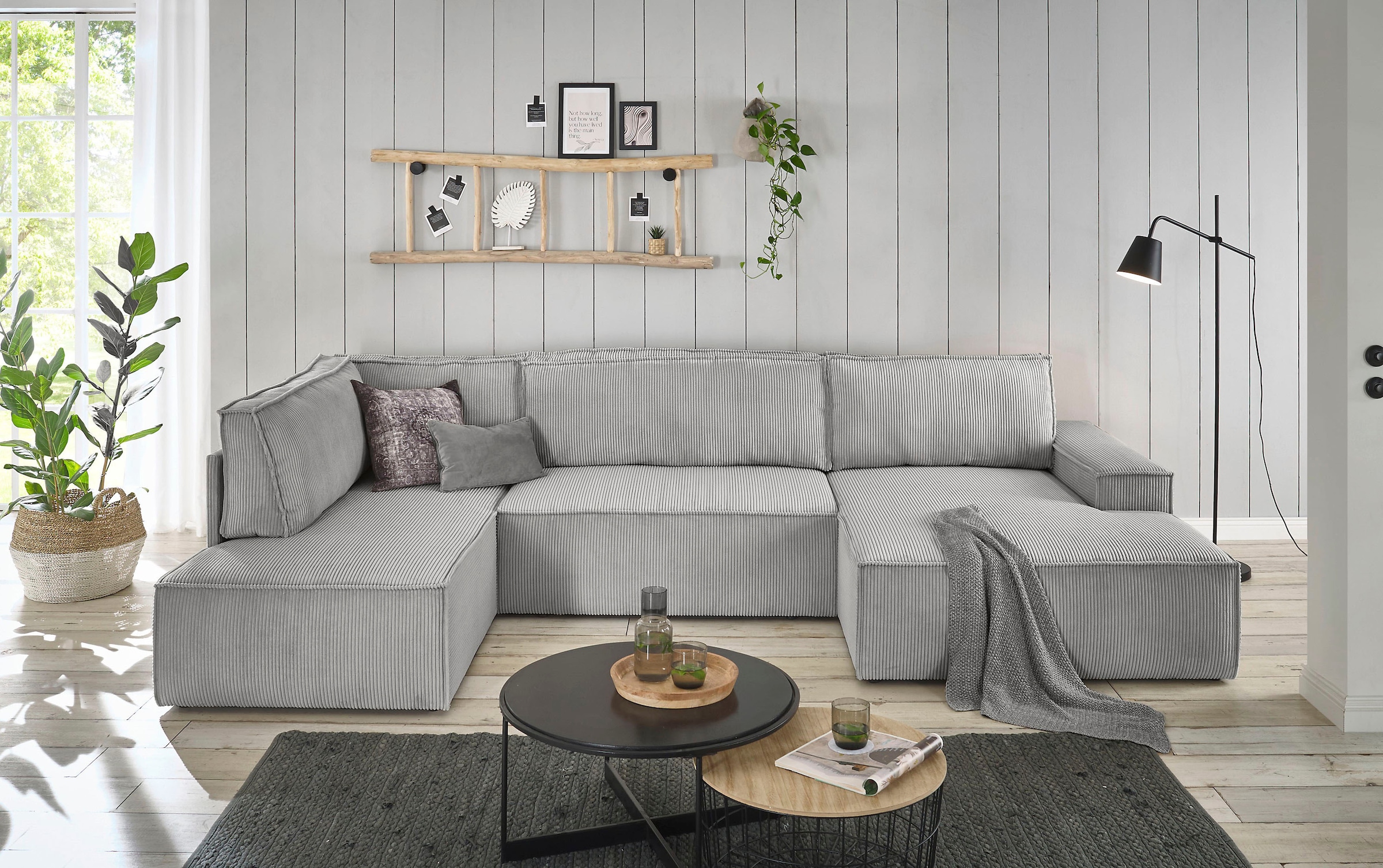 Home affaire Wohnlandschaft »SHERWOOD 329 cm, U-Form, Schlafsofa,«, Schlaffunktion m. Bettkasten (194x139 cm), Cord, Vintage, Samtvelours