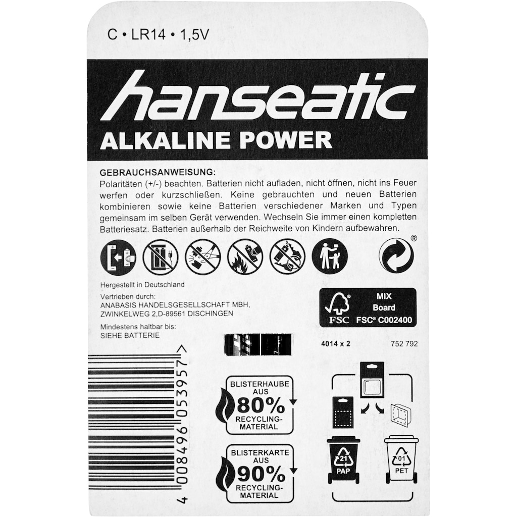 Hanseatic Batterie »10 Stück Baby C Batterien Alkaline LR14«, LR14, 1,5 V, (Set, 10 St.)