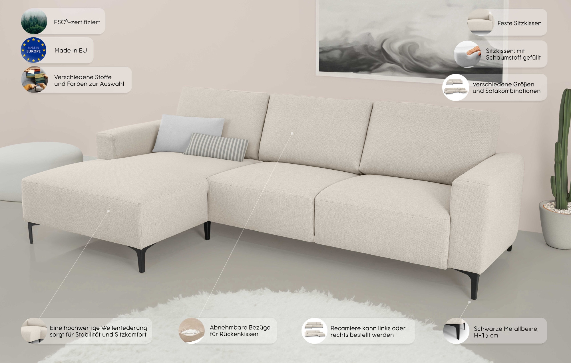 Home affaire Ecksofa »Tournon, L-Form, Breite 262 cm, Webstoff, Chenille«, Designsofa im nordischen Stil, Wellenunterfederung, Metallfüsse
