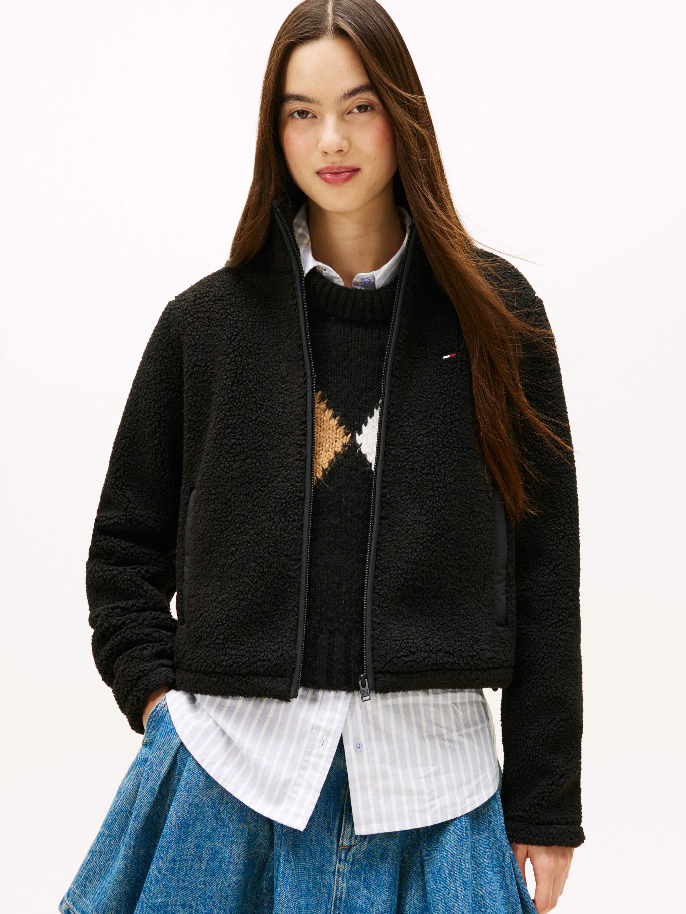 Image of Tommy Jeans Sweatjacke "TJW REG SH S-FLAG TEDDY ZIP THRU" Kunstfaser, regular fit