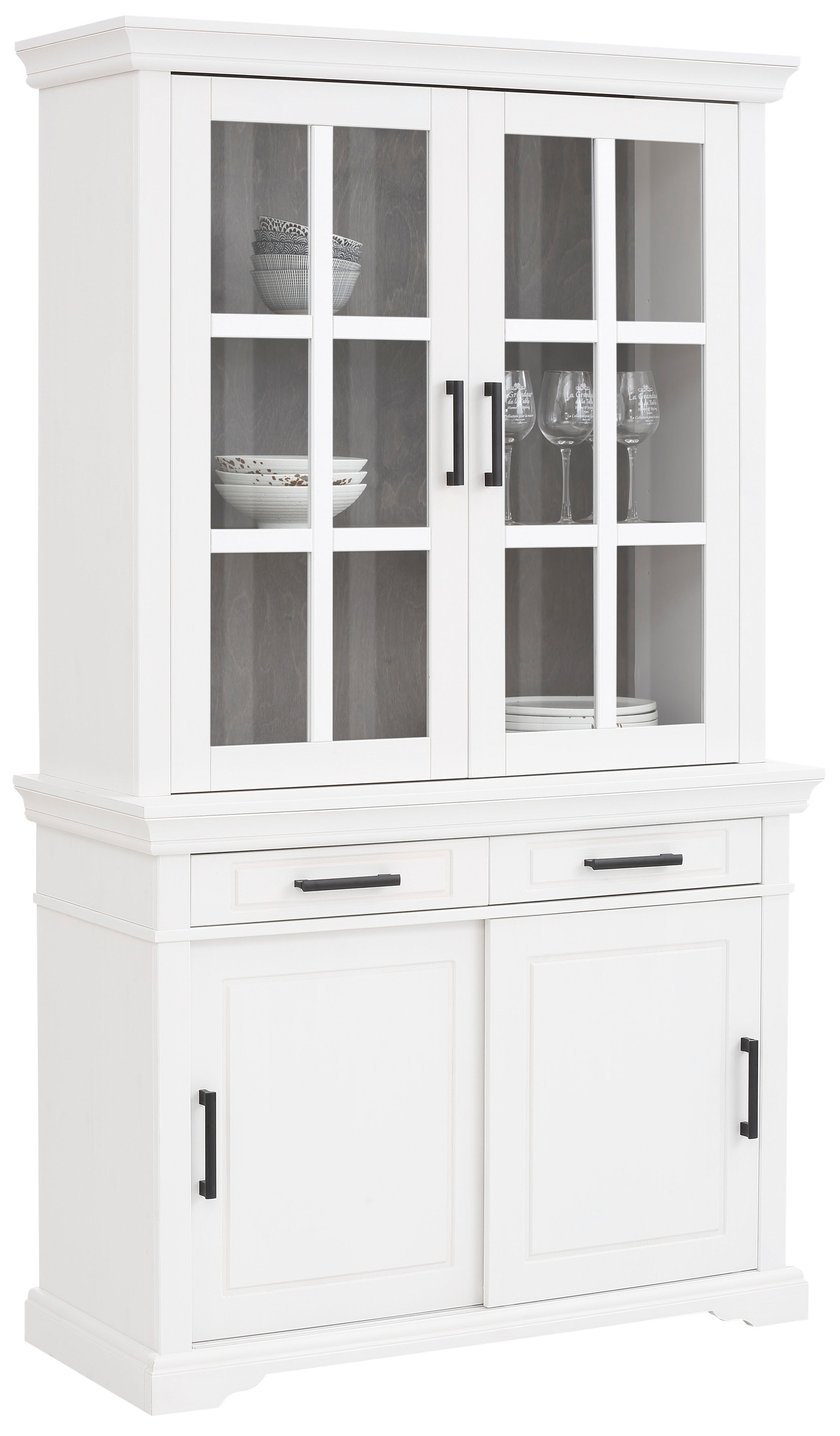 Image of GOODproduct Vitrine "Anabel Buffet mit 2 Glastüren, Schubkästen und 2 Schiebetüren" aus massiver Kiefer FSC, Breite 110 cm, Höhe 190 cm