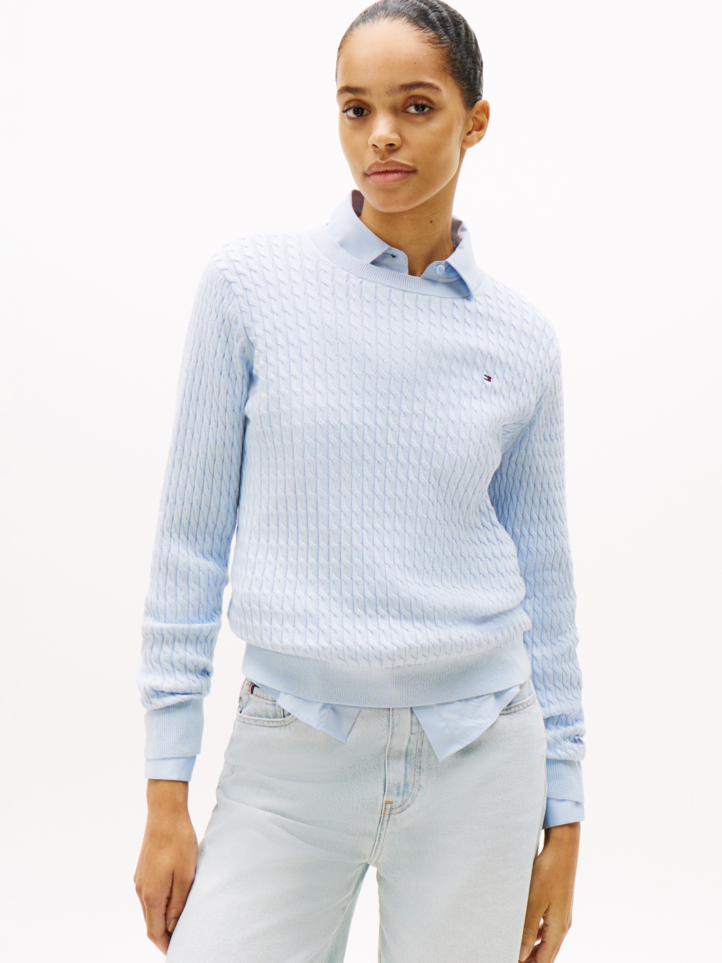 Tommy Hilfiger Pull à col rond »CO CABLE C-NK LS SWEATER« coton, avec motif torsadé, coupe régulière