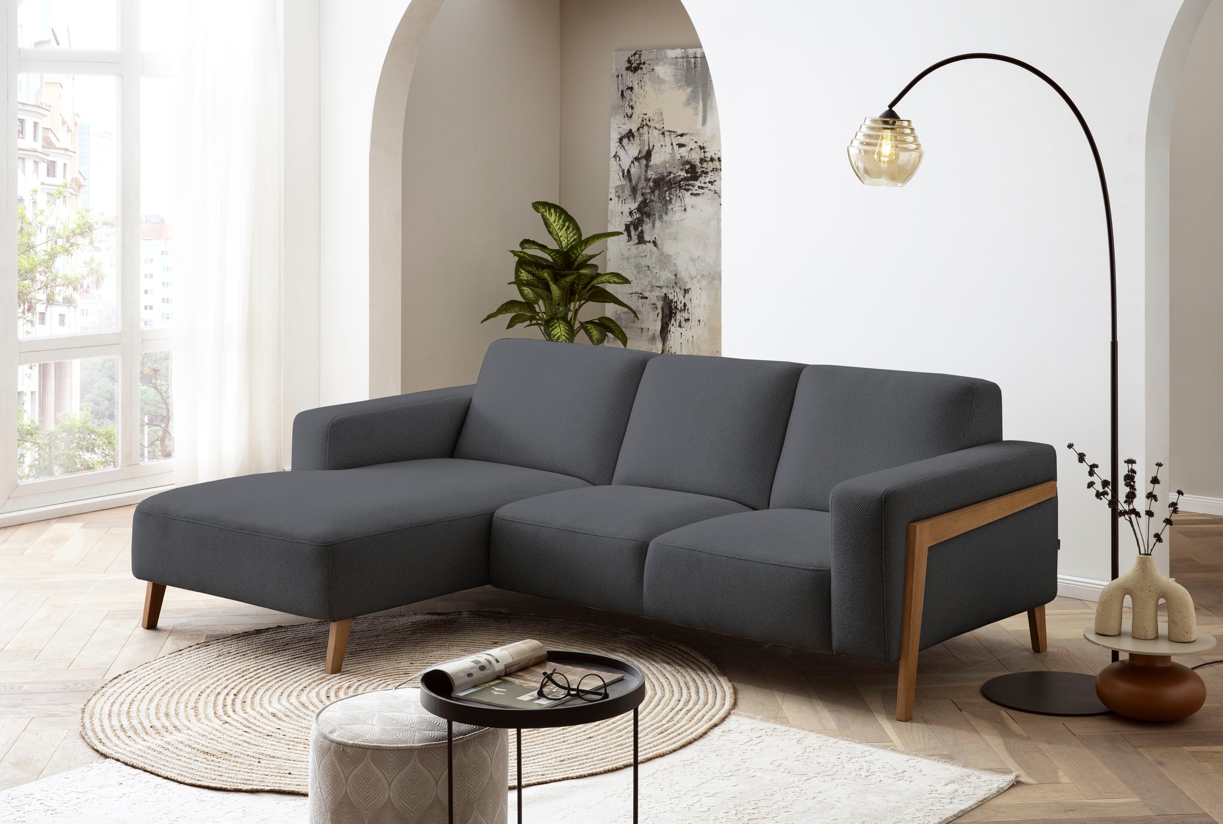 exxpo - sofa fashion Ecksofa »Starr, modern und klassisches Design, hochwertige Verarbeitung, bequem«, L-Form, wahlw. elektrische Sitztiefenverstellung, Massivholzfüsse