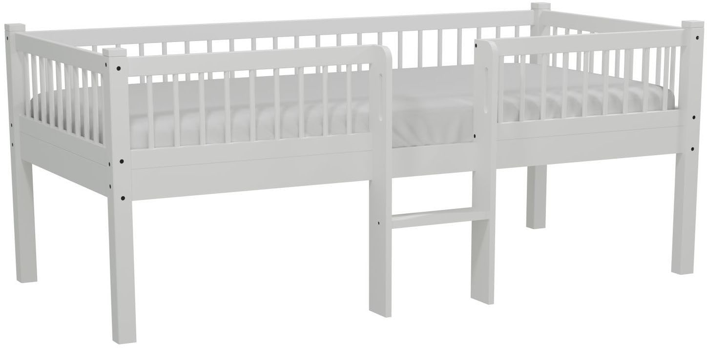 Vipack Massivholzbett »Forrest Massivholzbett Made in Europe, stabil und hochwertig gebaut« 90/200 cm, mit Rollrost und Leiter, seitenverkehrt montierbar,  inkl. umlaufenden Absturzschutz in Sprossenoptik, Buche weiss lackiert