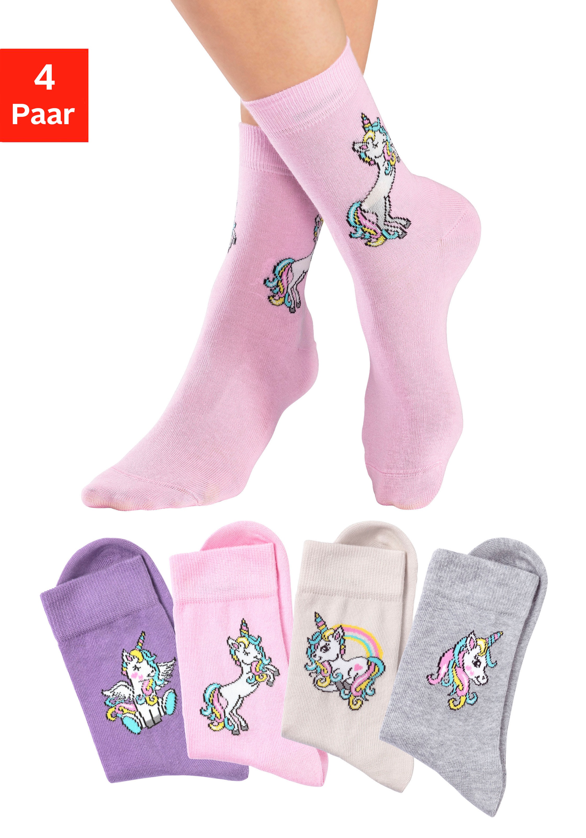 Image of H.I.S Basicsocken Packung, 4 Stk. tlg. mit Einhorn Motiven