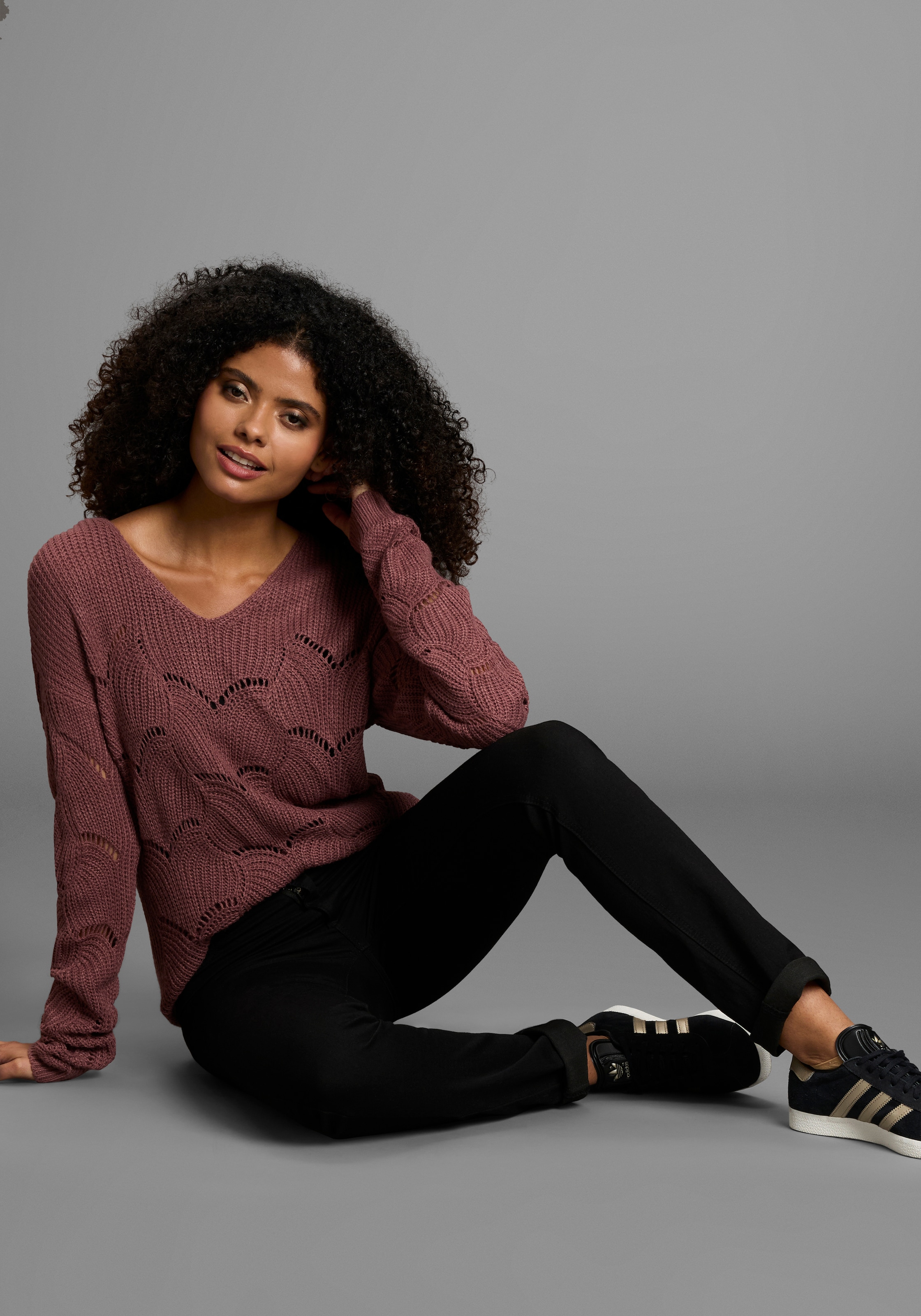 Laura Scott Pull en tricot softer Übergangsstrick mit V-neck und trendy Ajourmuster