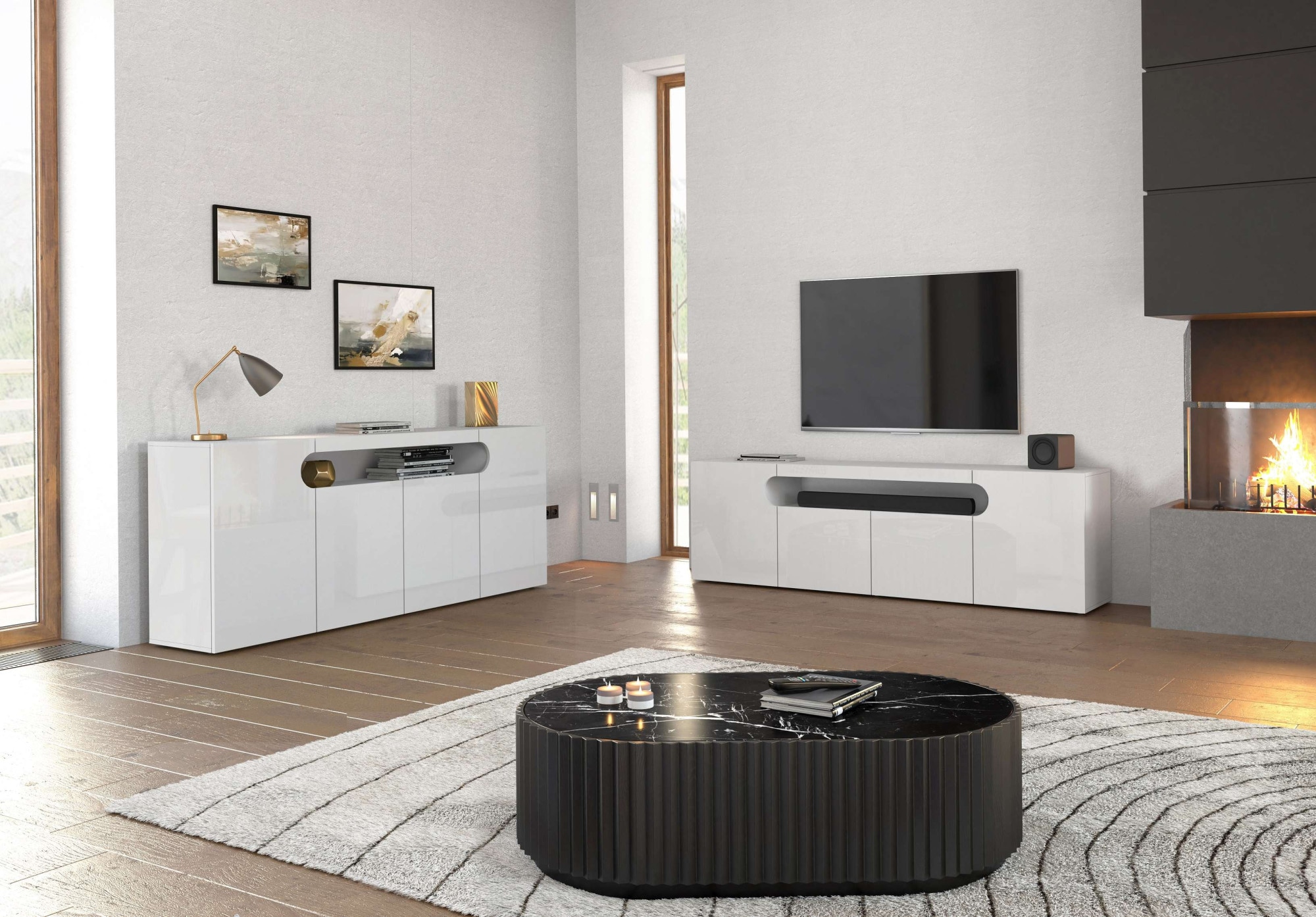 GOODproduct Table basse »REAL,Lowboard,TV-Kommode,TV-Möbel,TV-Bank« 1 cuis tlg. Avec 4 portes, dont 2 arrondies formant une niche ovale ouverte