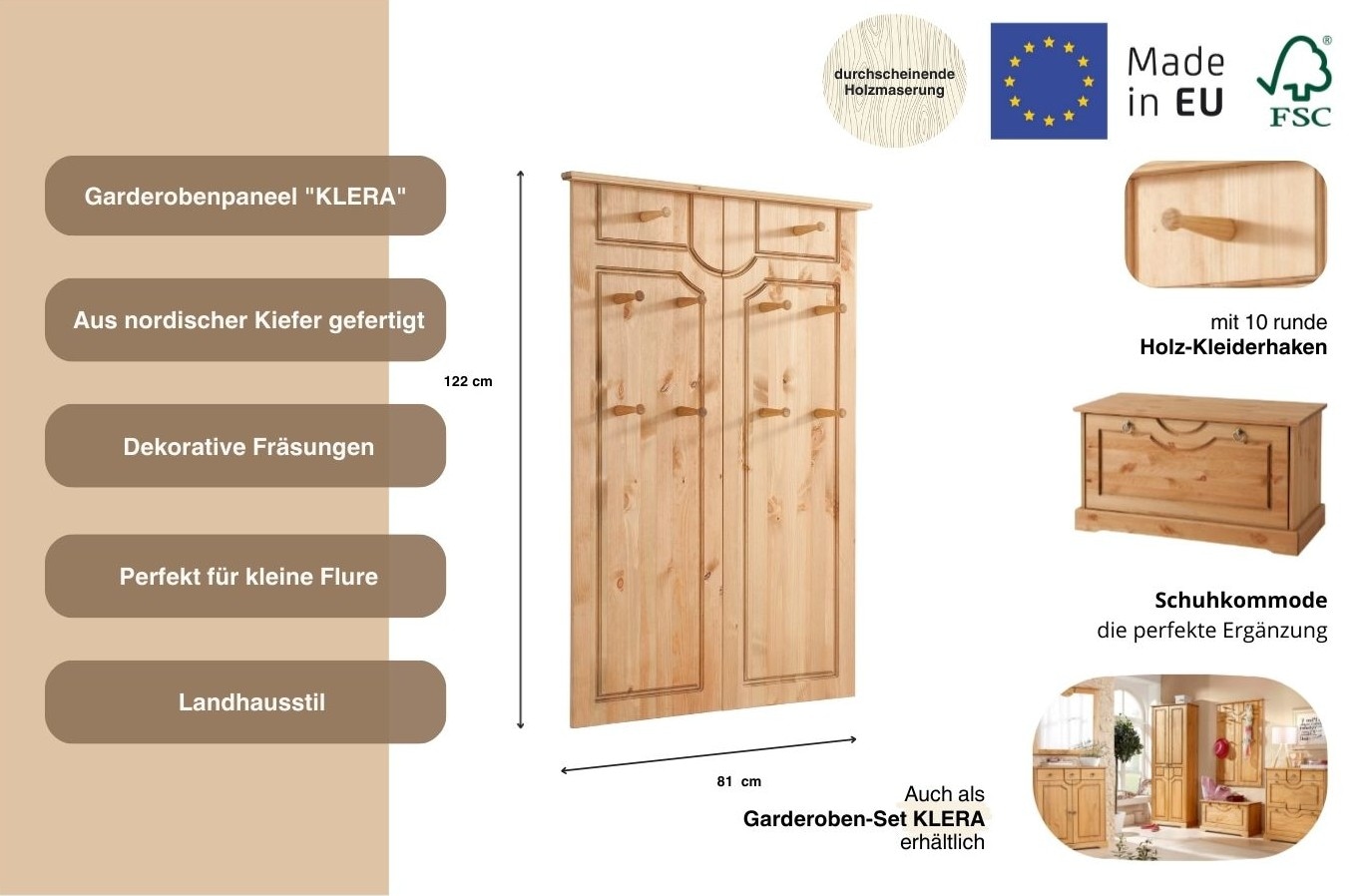 Home affaire Garderobenpaneel »Klera« Mit 10 Kleiderhaken, aus massiver Kiefer