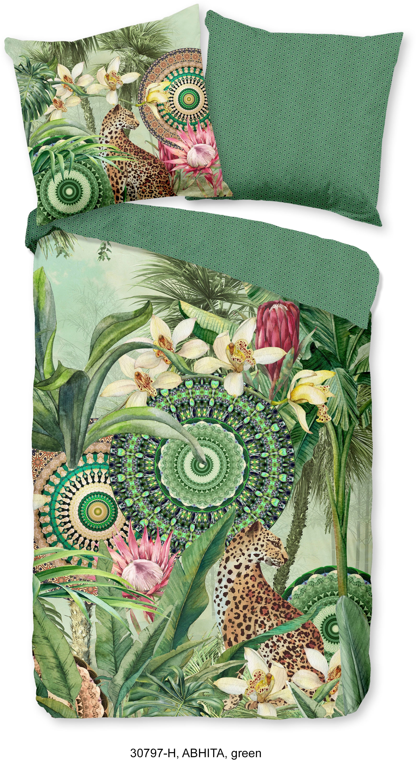 hip Wendebettwäsche »Abhita«, Mako-Satin, 135x200, Reissverschluss, Wendeoptik, Tropisch, Bunt, Grün
