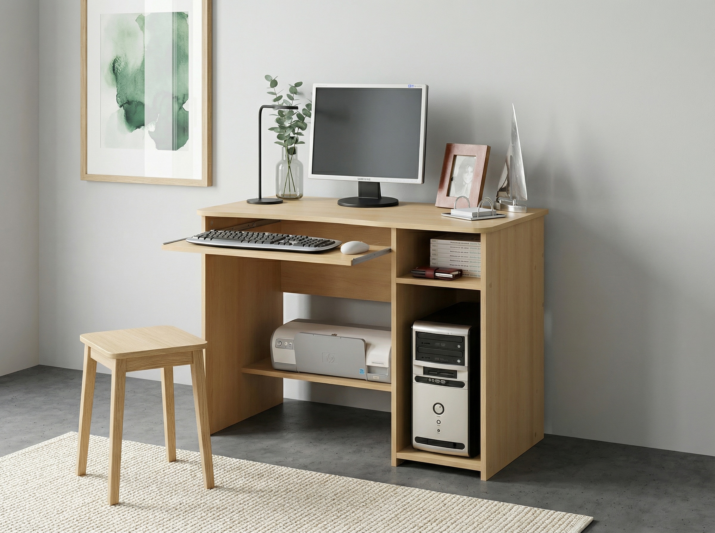 Image of VOGL Möbelfabrik Schreibtisch "Sam" mit Tastaturauszug & Towerfach, geschwungene Tischplatte, Breite 91 cm
