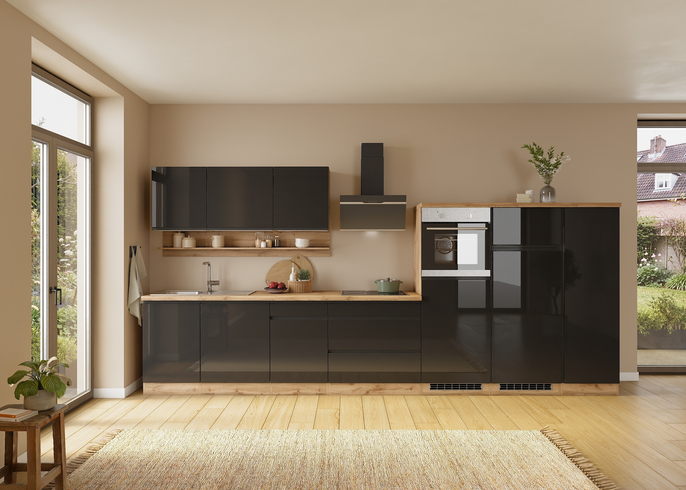 KOCHSTATION Kitchenette »KS-Virginia,neu in verbesserter Ausführung« plan de travail épaisseur 38 mm, rangement, fermeture douce,  largeur 410 cm, softclose, optionnellement avec appareils électriques et induction