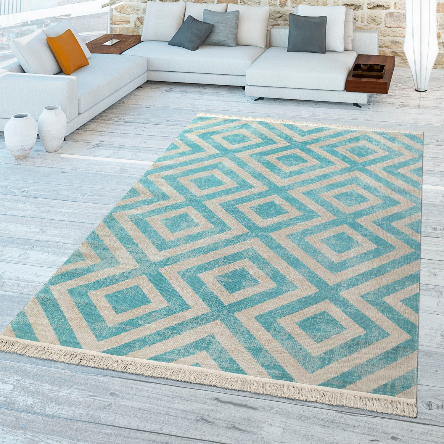 Image of andas Teppich »Pocova«, rechteckig, 7 mm Höhe, Kurzflor, Vintage Design, modernes Rauten Muster, mit Fransen, Wohnzimmer, In- und Outdoor geeignet, ideal auf Terrasse oder Balkon bei Ackermann Versand Schweiz