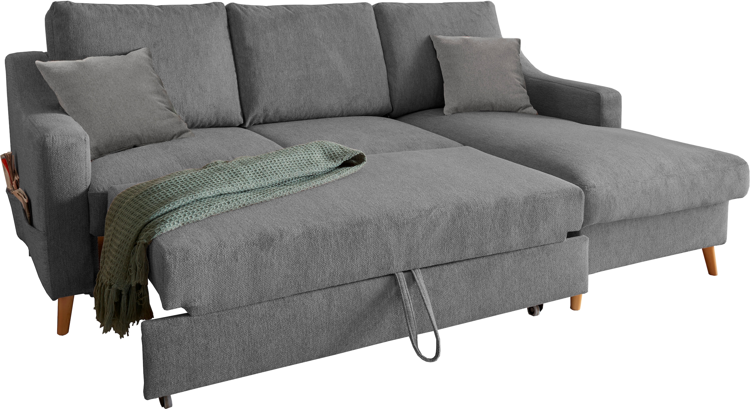 INOSIGN Ecksofa »Valentina L-Form«, 2 Zierkissen, mit Seitentasche, ausziehbarer Liegefläche, Bettkasten