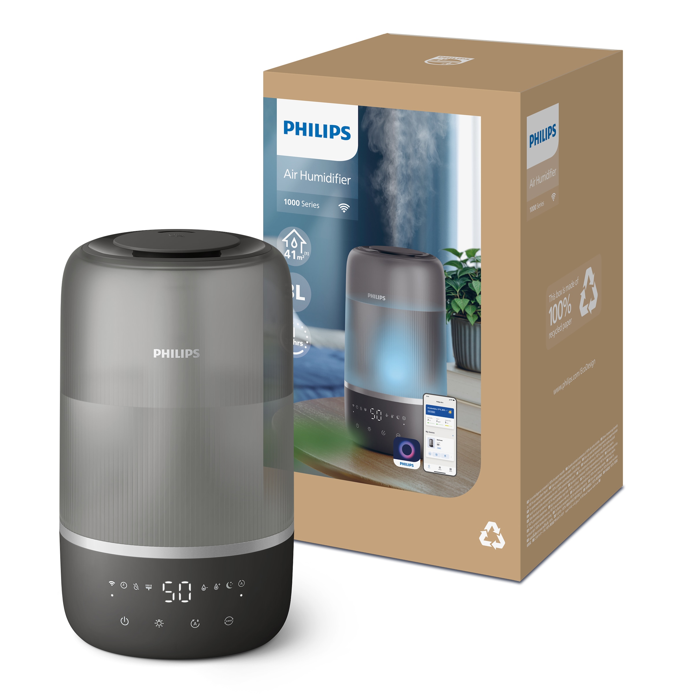 Philips Luftbefeuchter »HU1510 1000 Series, ultraschall« 3 l Wassertank für 41 m² Räume, mit Aroma-Diffusor, Stimmungslicht, App verbunden