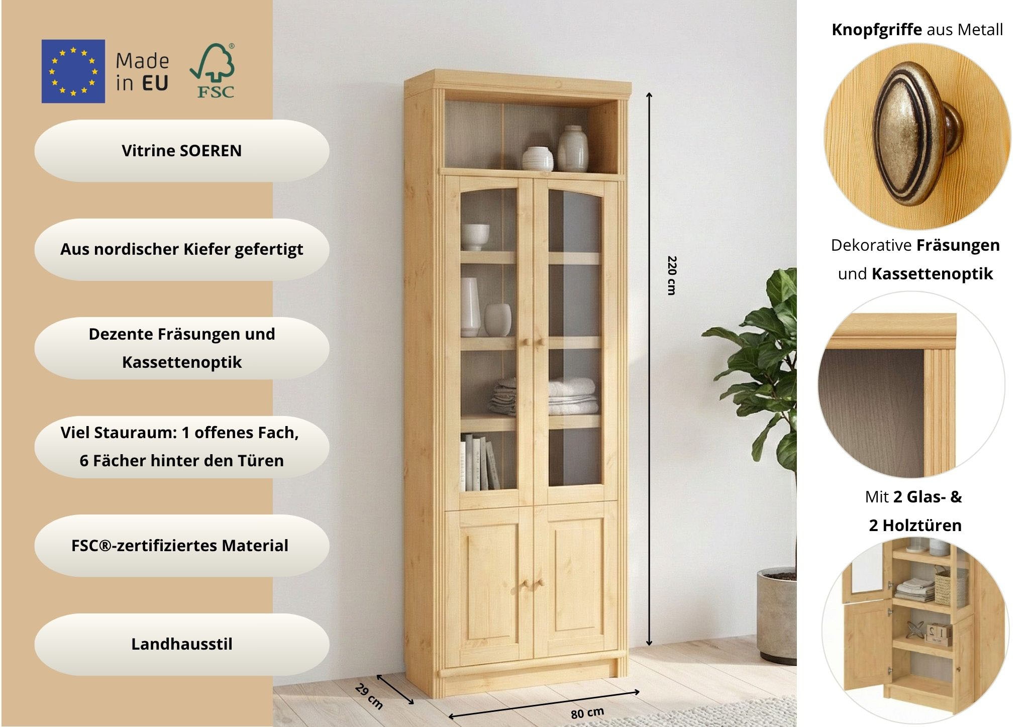 GOODproduct Vitrine »Soeren Regal mit 2 Glastüren und 2 Holztüren, B/TH: 80/29/220 cm« Kiefer FSC®-zertifiziert, 1 offenes Fach, 6 Fächer hinter den Türen