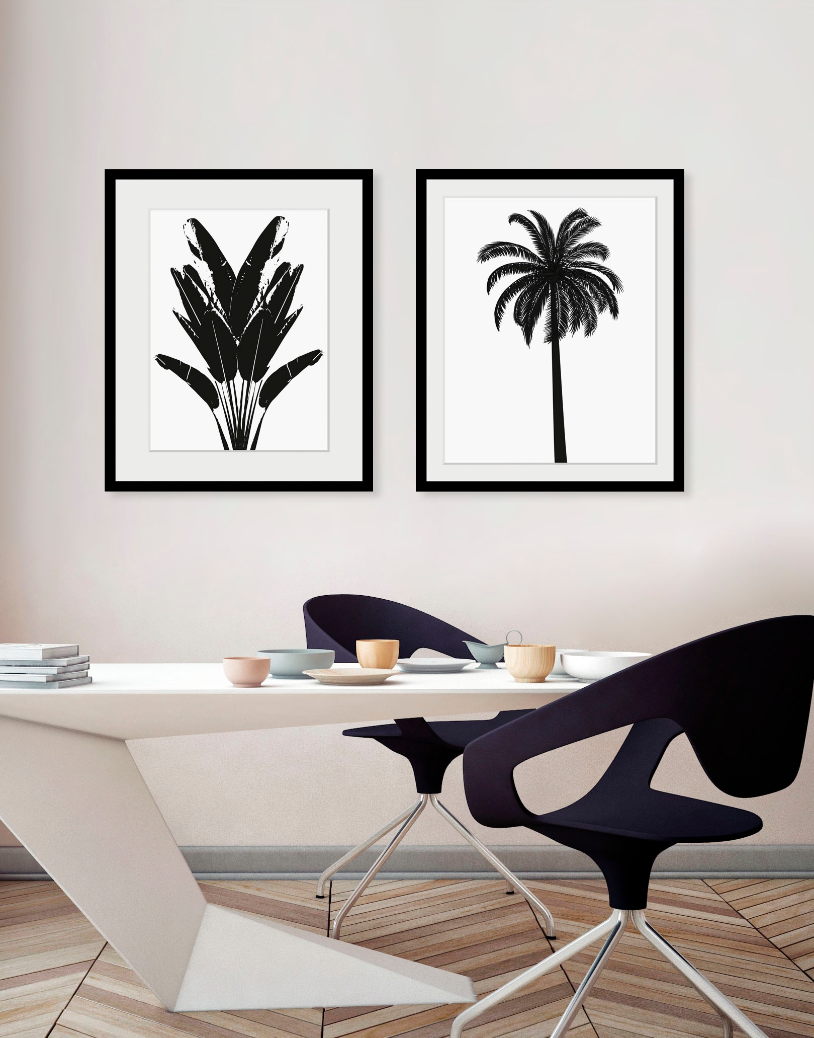 Image of queence Bild "Palma" Blätter Kunst Pflanzen Pflanzenbilder Schwarz-Weiss 1 Stk. tlg. HD Premium Poster-Druck inkl. Holzrahmen