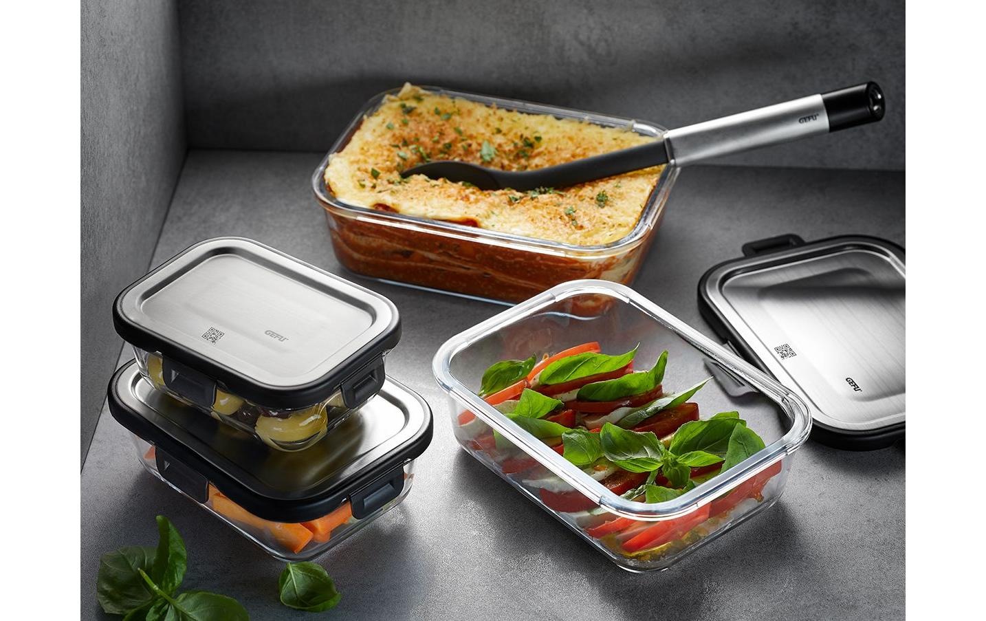 GEFU Frischhaltedose »MILO« Set, 3 Frischhaltegläser, 3 Deckel, 6 tlg. rechteckig, platzsparend, auslaufsicher