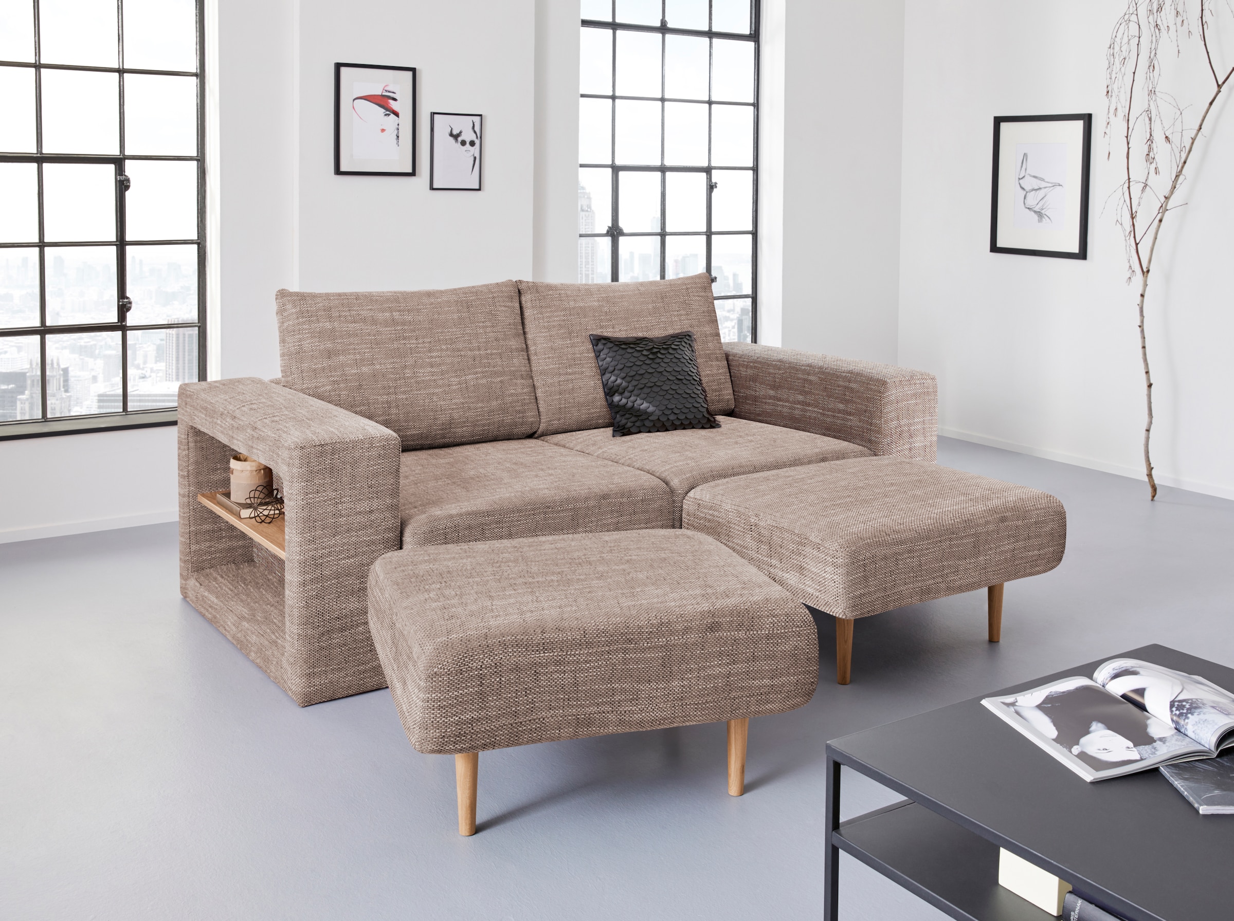 3-Sitzer »Looksvb«, Verwandlungssofa: aus Sofa wird Sofa mit 2 Hockern, mit Regalfunktion