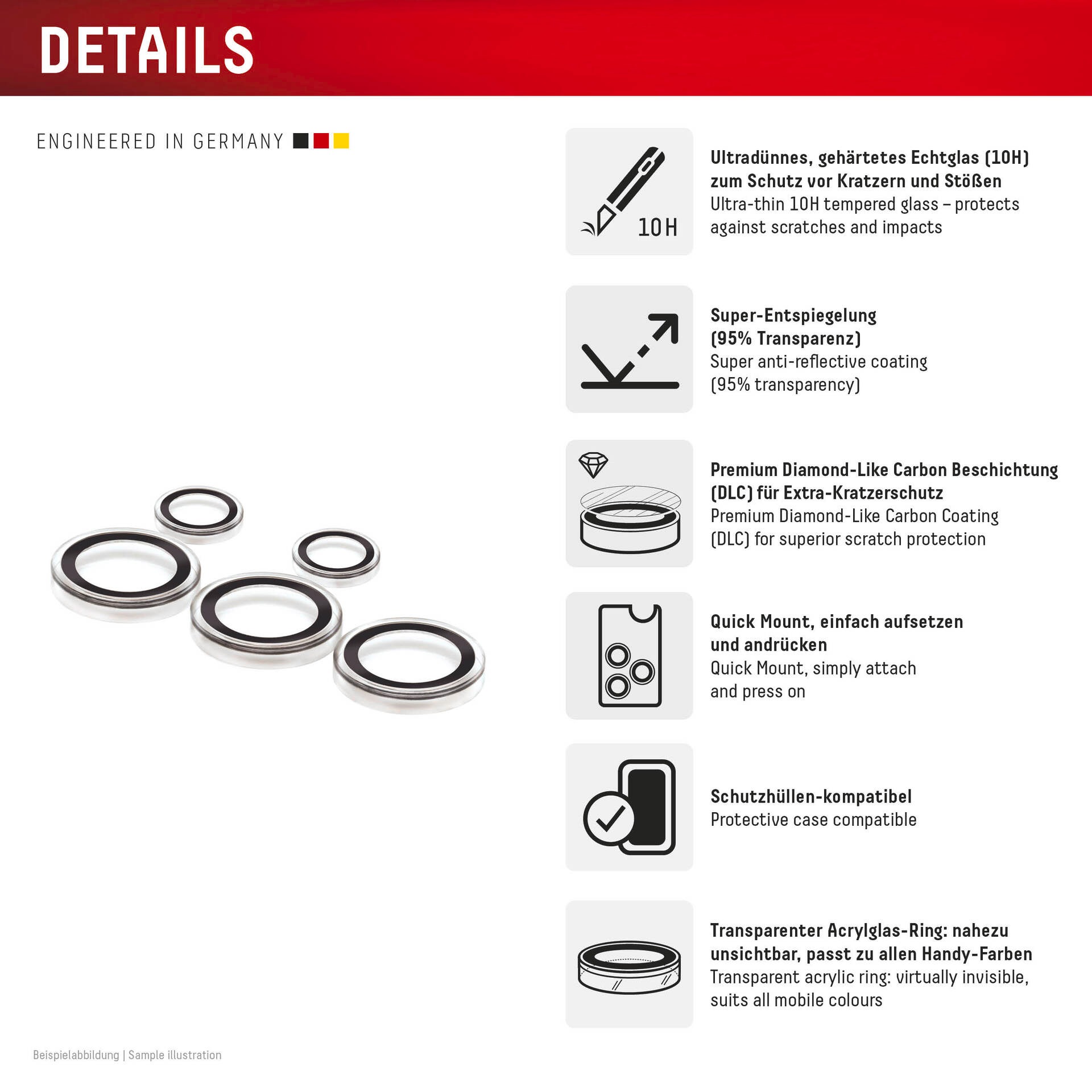 Displex Kameraschutzglas »Camera Lens Glass Single Glass Ring Protector« für Samsung Galaxy S25 Ultra Packung, 2x Einzellinsen-Schutzringe,  Objektivschutz, Kameraschutz, kratz- & stossfest