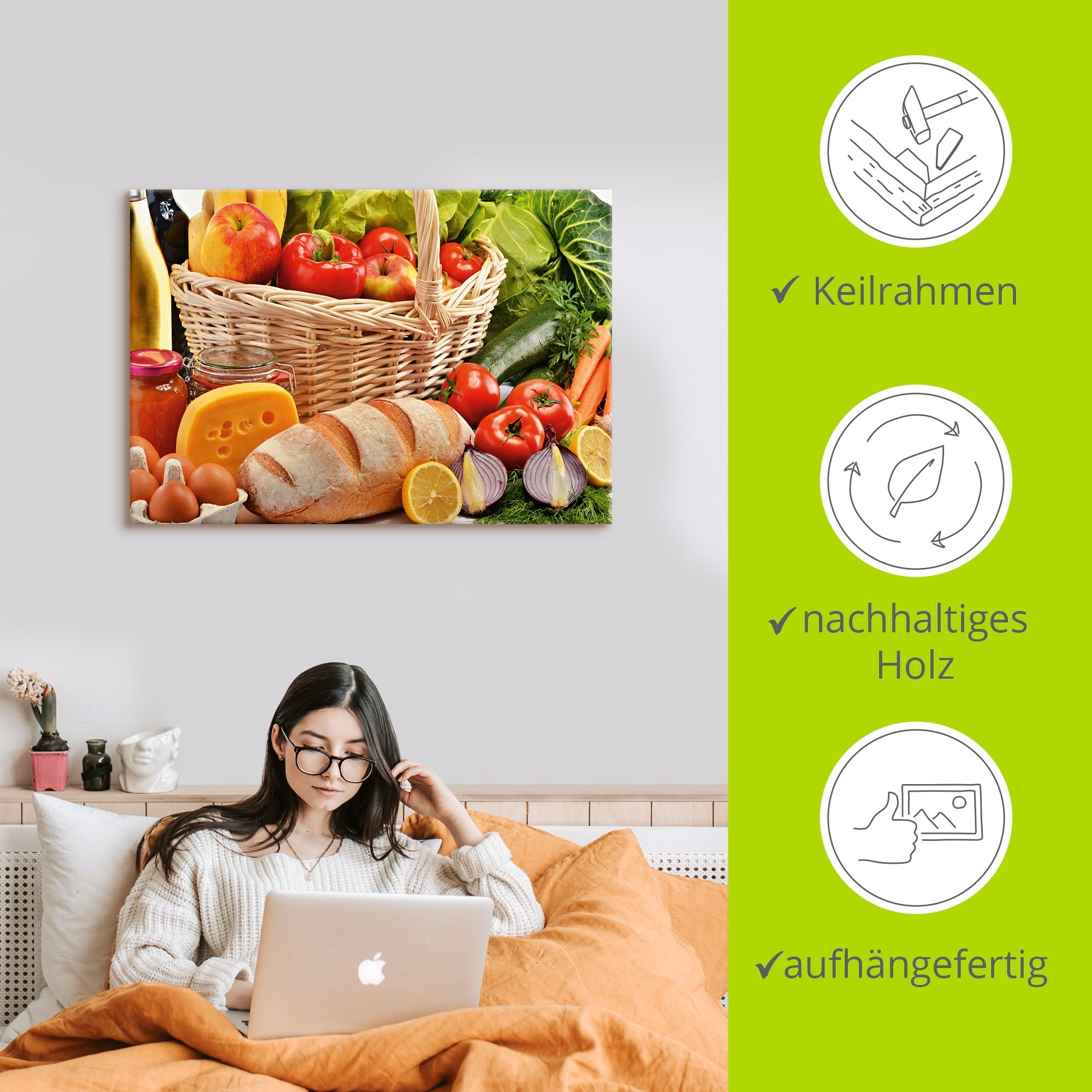 Artland Wandbild »Gesund Leben - Obst und Gemüsekorb« Lebensmittel 1 Stk. tlg. auf Holzrahmen gespannt