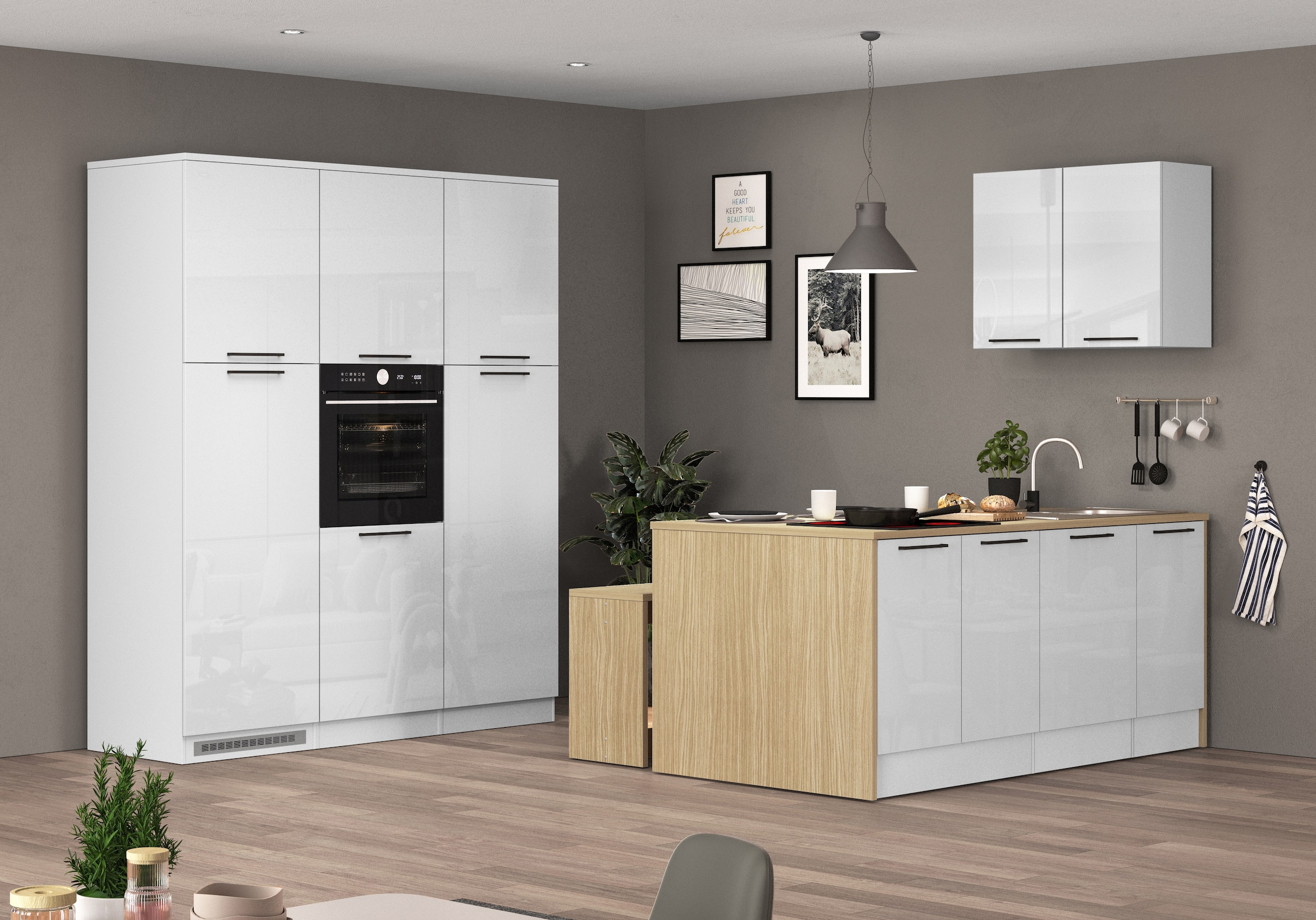 Image of KOCHSTATION Küchenzeile "Luna, Küchenblock, Kücheninsel, Hängeschrank, Made in Italy" 3er-Set, Metallgriffe, Soft-Close-Funktion, inklusive Spüle