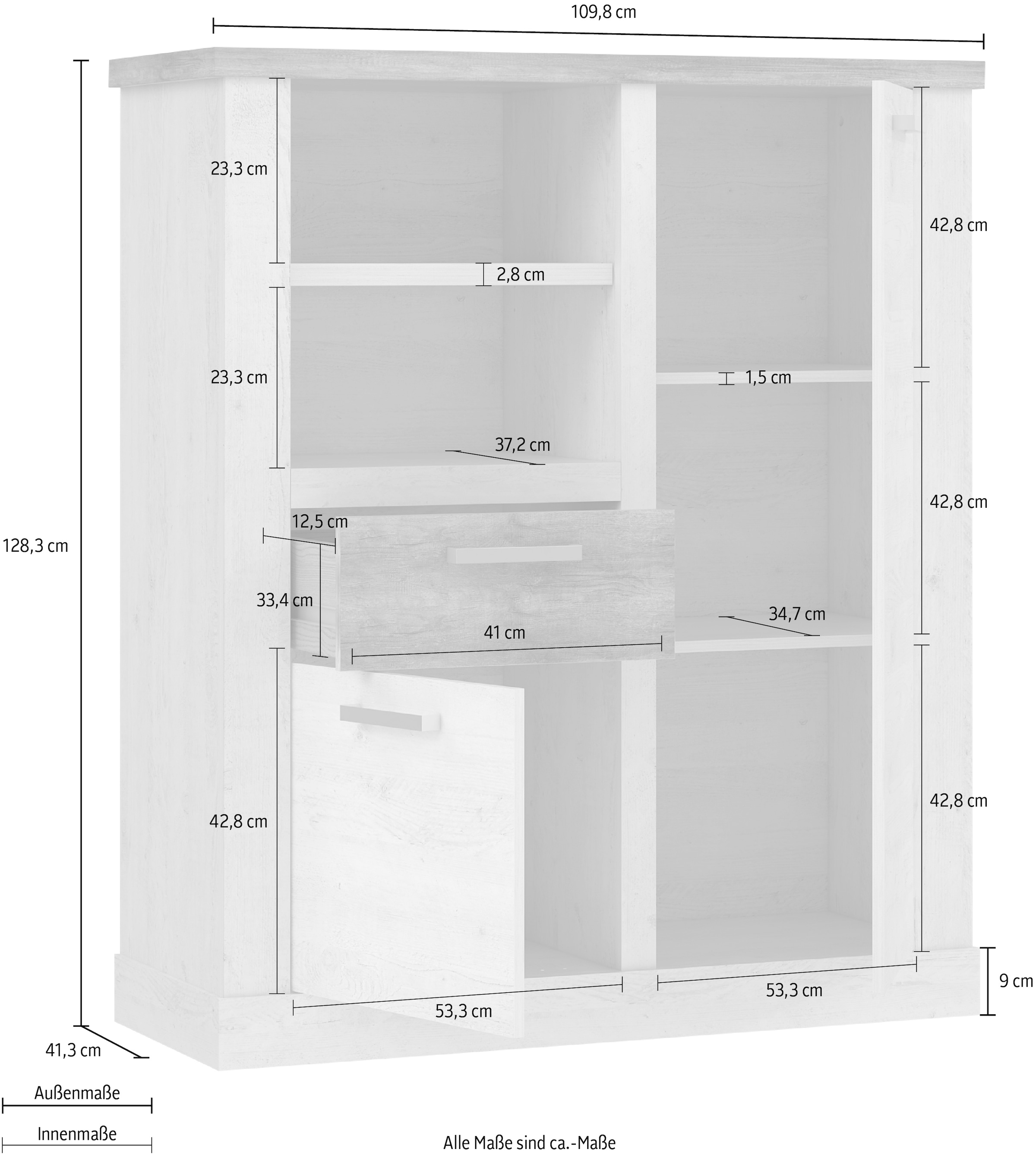FORTE Highboard »Duro« Mehrzweckschrank mit Türen & Schublade, Landhausstil, Breite 109,8 cm
