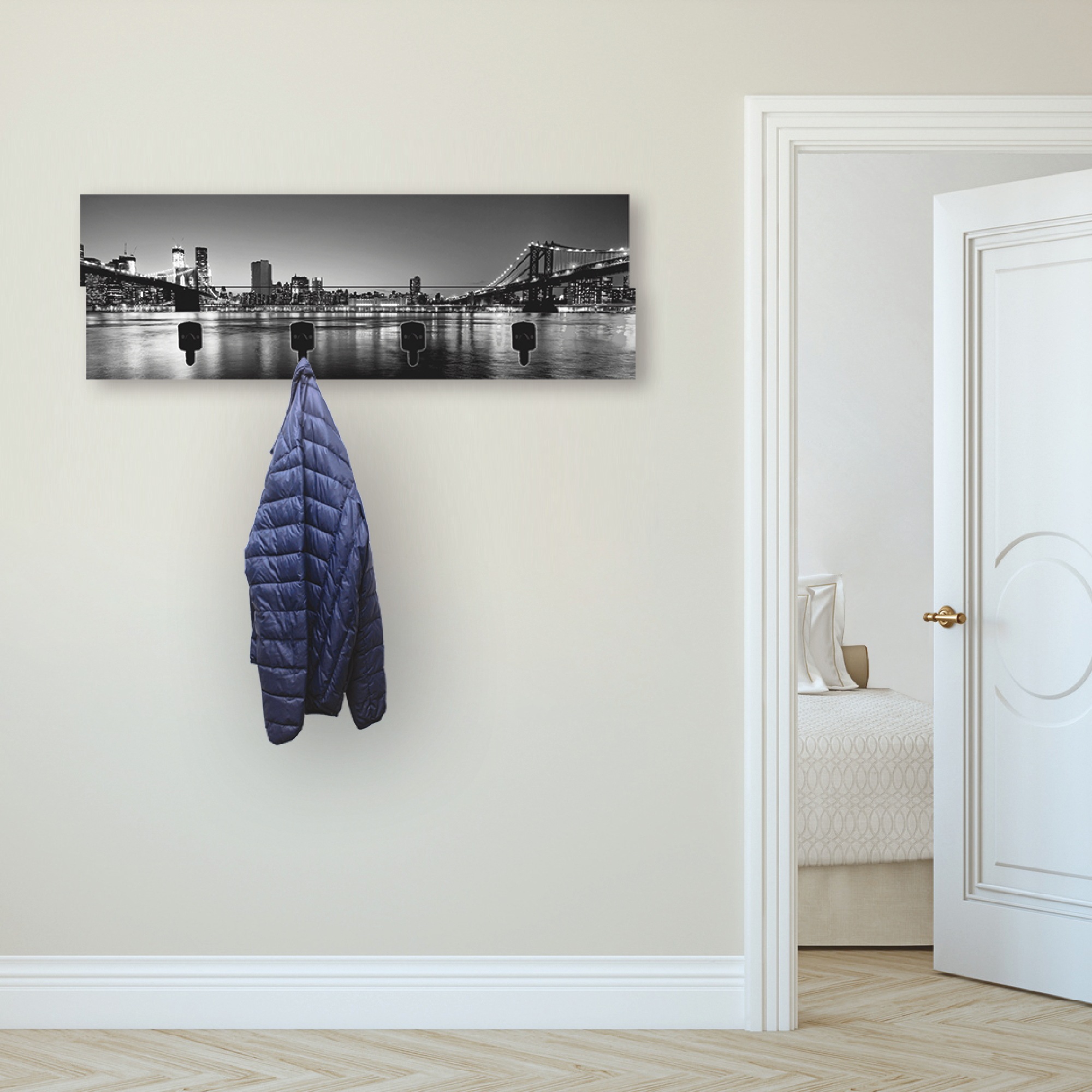 Image of Artland Garderobenleiste »New York City Skyline Brooklyn Bridge«, platzsparende Wandgarderobe aus Holz mit 4 Haken, geeignet für kleinen, schmalen Flur, Flurgarderobe bei Ackermann Versand Schweiz