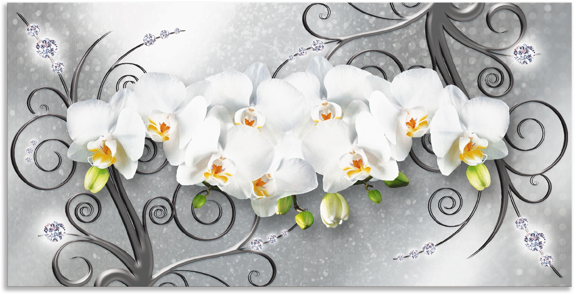 Artland Wandbild »weisse Orchideen auf Ornamenten«, Blumenbilder, (1 St.), als Alubild, Outdoorbild, Leinwandbild, Poster, Wandaufkleber