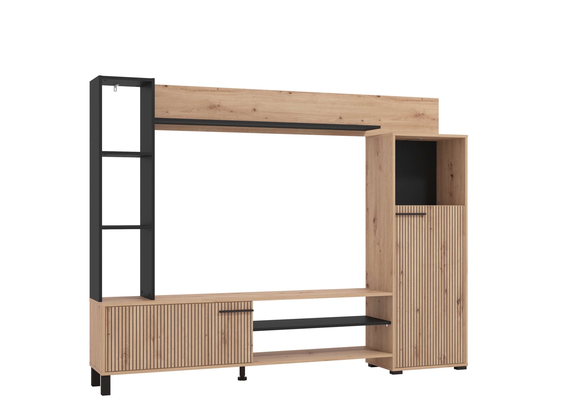 INOSIGN Wohnwand »Retimno, inkl. Highboard, TV-Board, Standregal und Wandregal«, (Komplett-Set, 4 St.), 208 cm, Trendfarben, mit dekorativen schwarzen Streifen, TV bis 58'