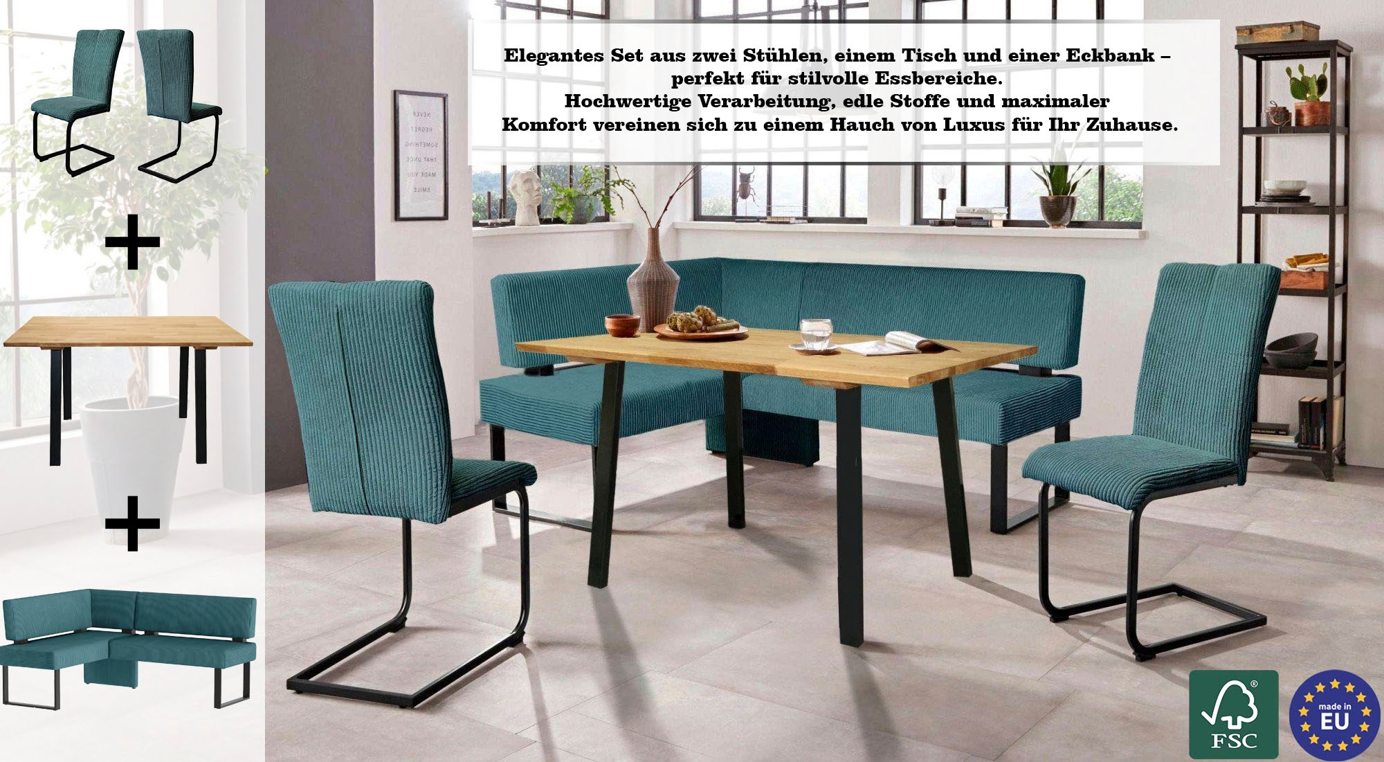 GOODproduct Ensemble de bancs d'angle »Oliver« Ensemble, 4-tlg, 4 cuis tlg. Eckbank mit Wellenunterfederung im Sitz, Tisch Massiv Eiche