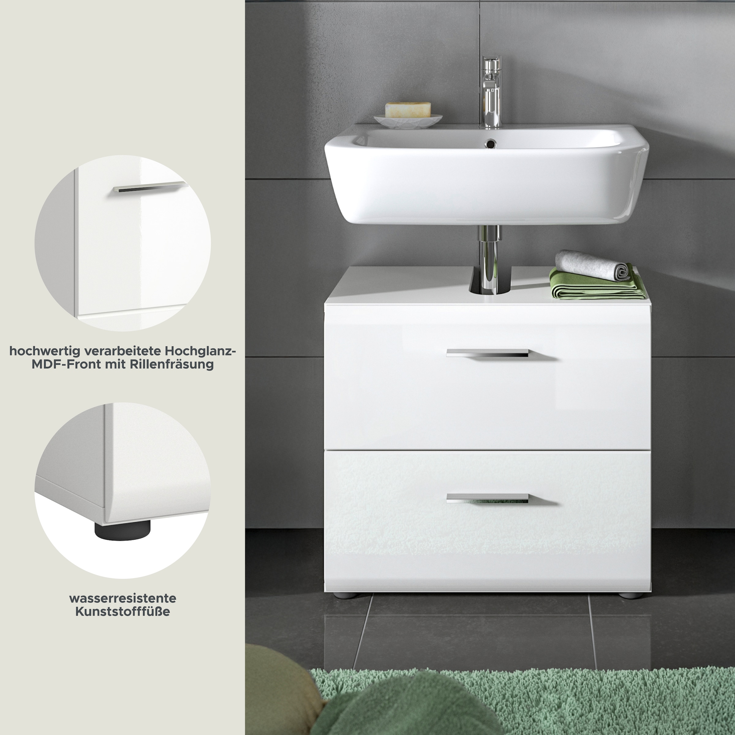 INOSIGN Waschbeckenunterschrank »FLORENZ, TOPSELLER!, Breite 60 cm, 2 Schubkästen,ink. Siphonausschnitt«, hochwertige MDF Front, Griff chromglänzend, Badschrank, Bad