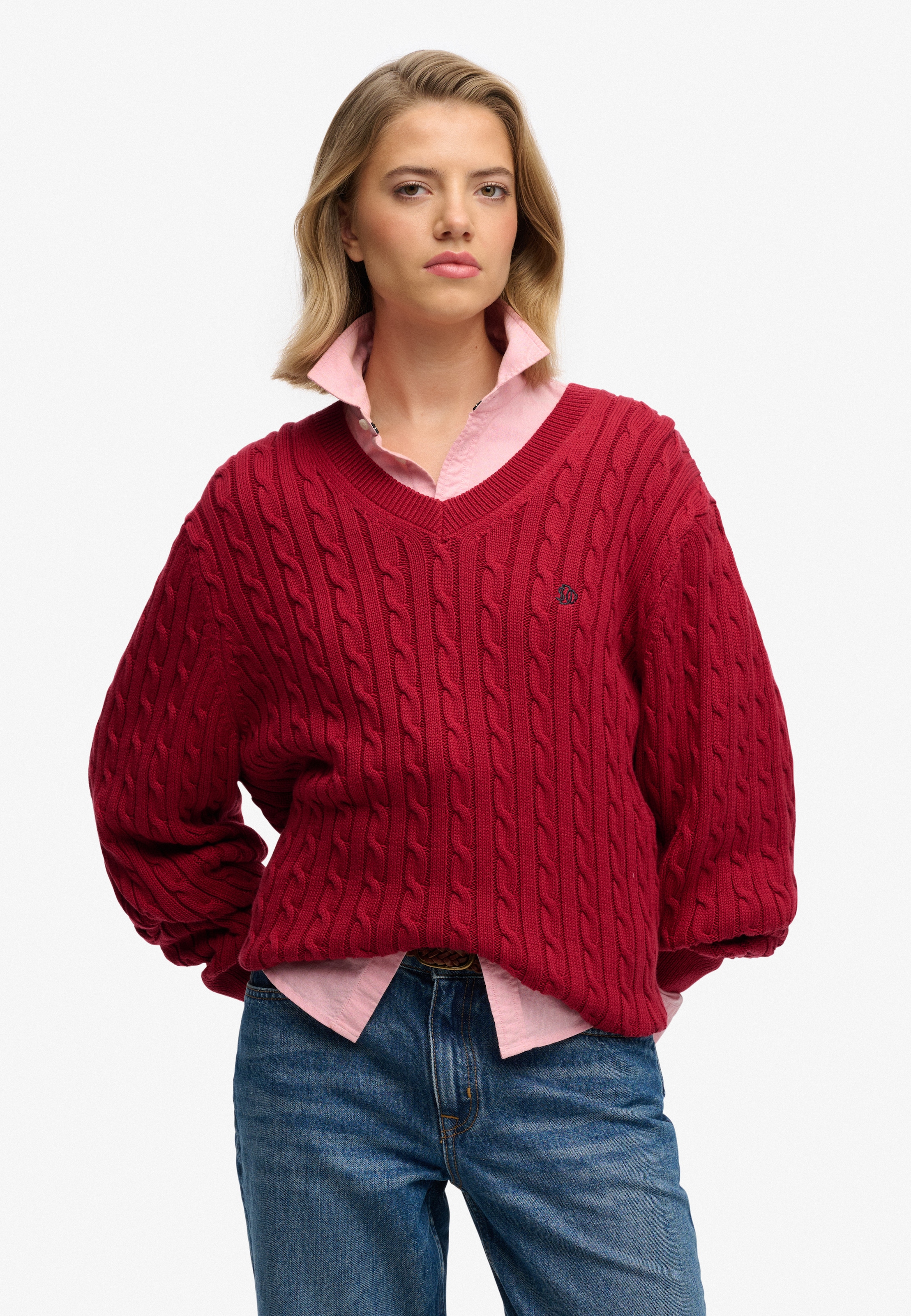Image of Superdry V-Ausschnitt-Pullover "OVERSIZED CABLE V NECK JUMPER" Baumwolle, oversized Fit