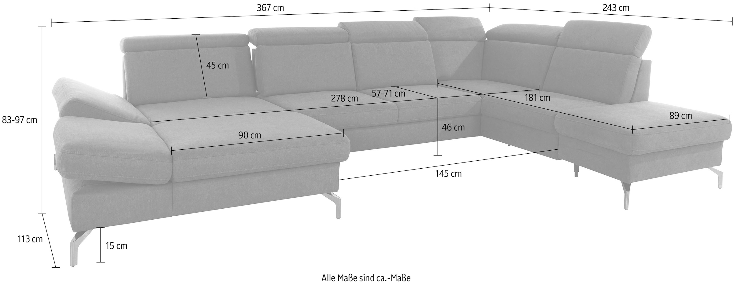 sit&more Wohnlandschaft »Brisbane U-Form«, Fusshöhe 15 cm, inklusive Sitztiefen-, Armteil- und Kopfteilverstellung