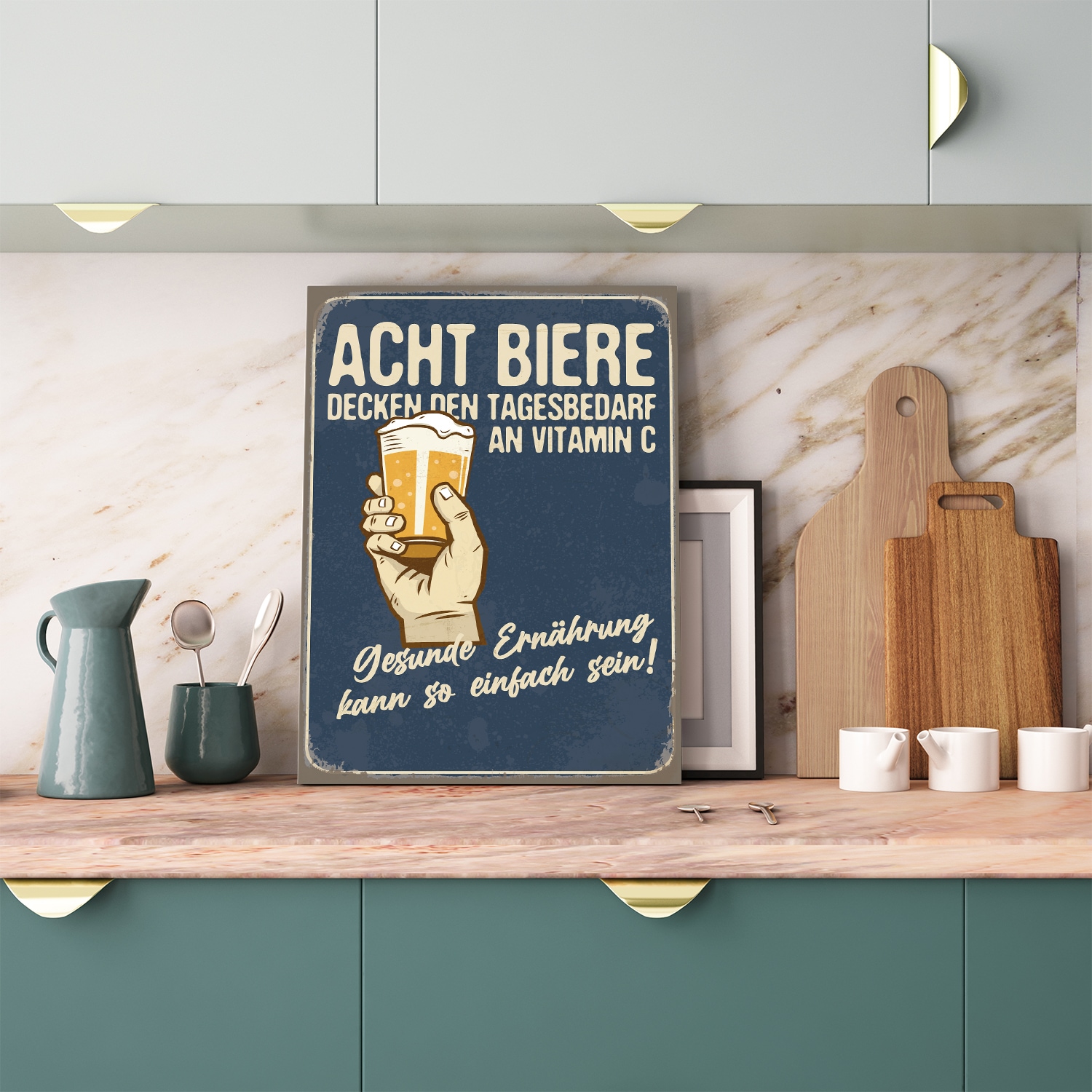 Image of queence Metallbild "Acht Biere Spruch Stahlschild Blechschild" Getränke Schriftzug Sprüche Sprüche & Texte 1 Stk. tlg. 20x30x0,2cm - mit 4 Lochbohrung