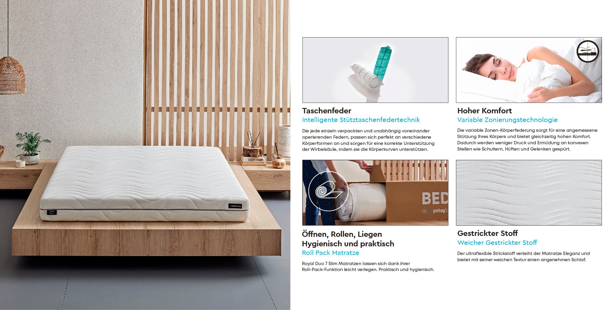 Yatas Bedding Taschenfederkernmatratze »Royal Duo 7 Slim, Matratze 90x200, 140x200 cm & weitere Grössen«, 18 cm hoch, Raumgewicht: 28 kg/m³, 434 Federn, (1 St., 1-tlg.), 7-Zonen, H2 / H3, Wendematratze, ergonomisch, atmungsaktiv